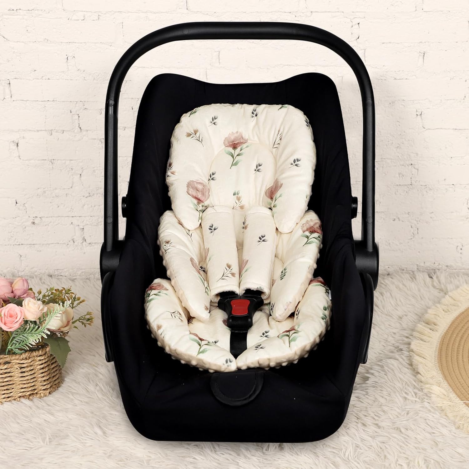 SWESEN Car Seat Cover Baby, Infant Car Seat Insert,Summer Carseat Covers Baby Girl, Easy Access carseat Canopy Snug Fit Baby Stroller, Dual-Layer Protection, Cooling Mesh & Roll-Up Sun Shade, Floral