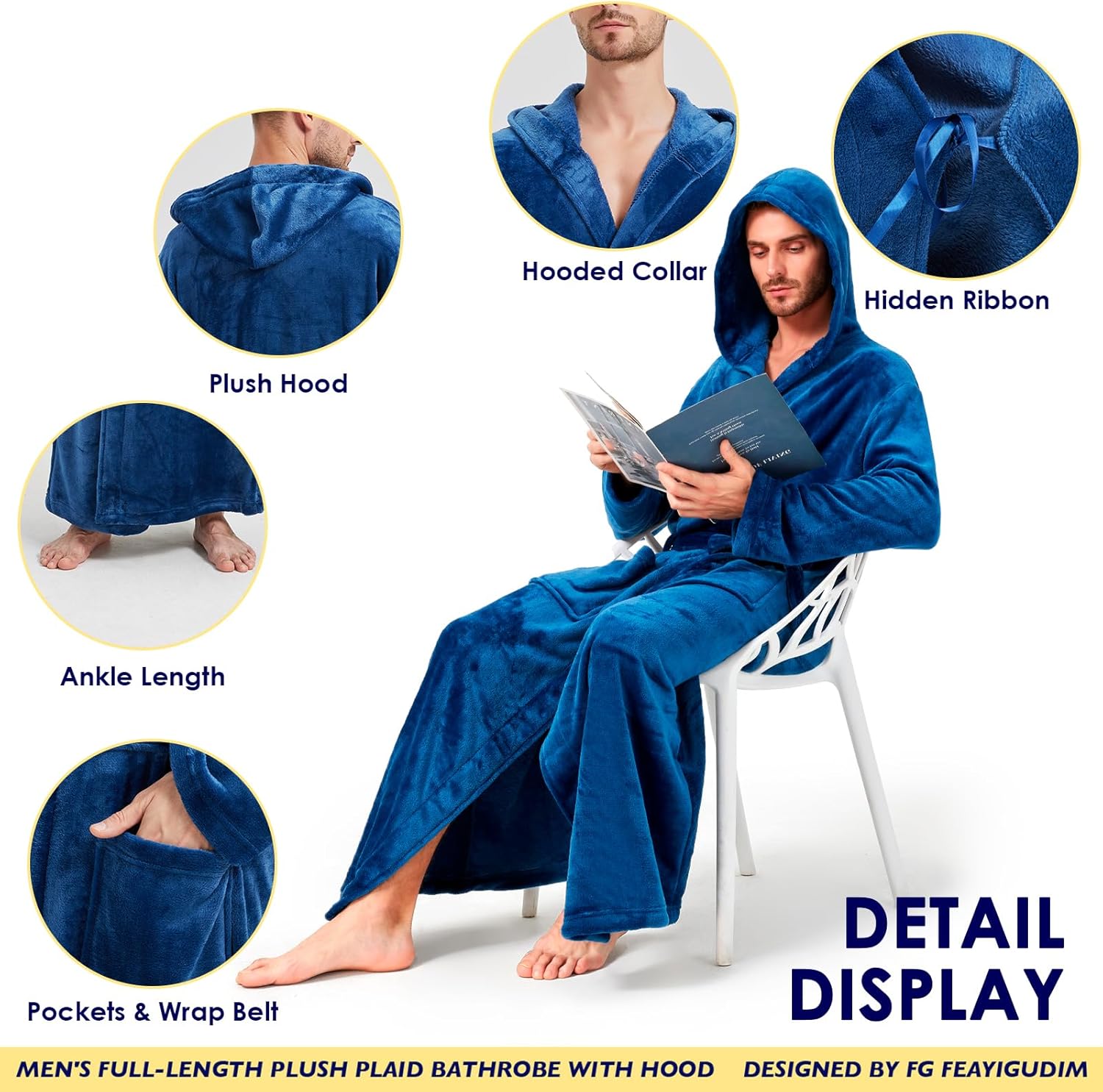 Cozy Plush Fleece Robe for Men, Big and Tall Hooded Long Robe, Warm Loungewear, Shawl Collar Pocketed Bathrobe - Image 3