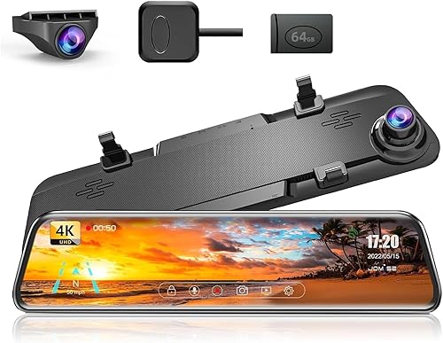 JOMISE Cámara de espejo retrovisor K17 4K de 12 pulgadas, espejo retrovisor Full HD de 2160P, espejo Dash Cam frontal y trasera, cámara WDR de