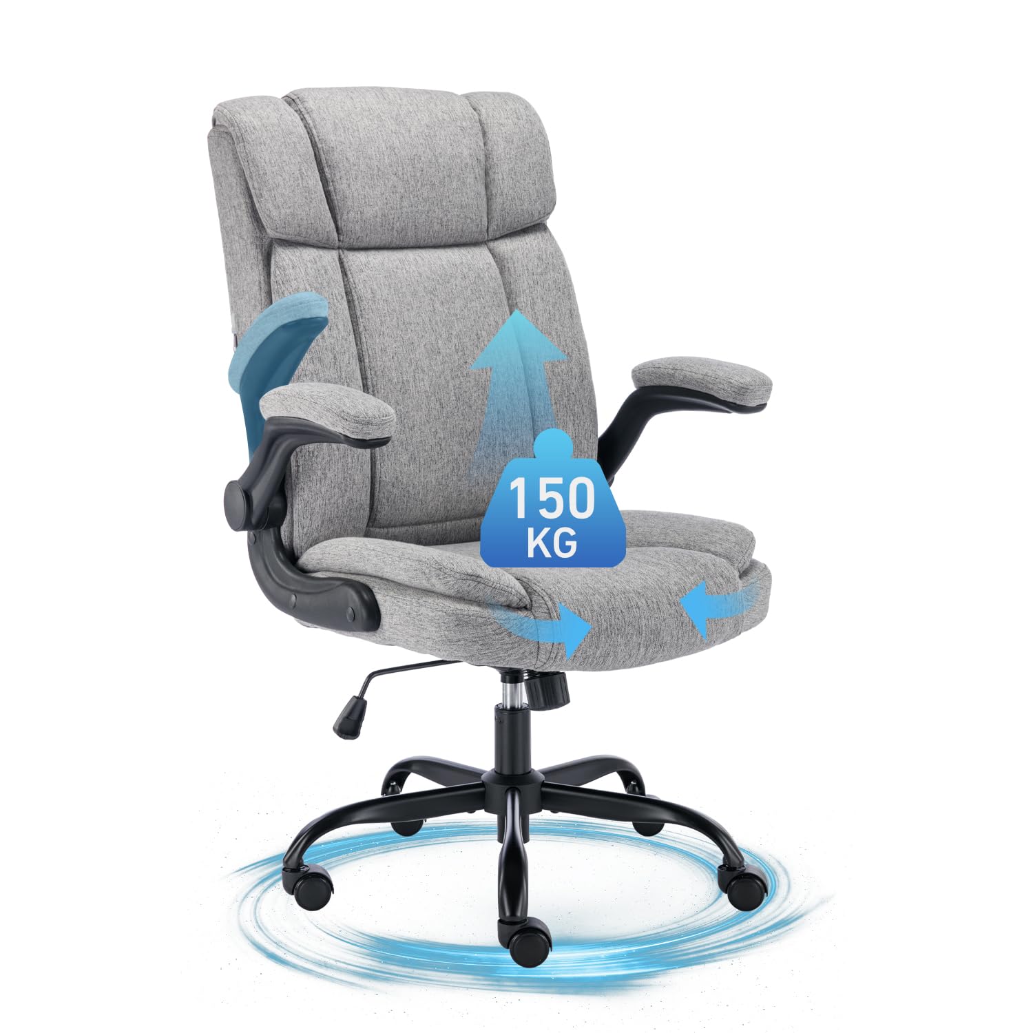 LIYURUI Silla de Oficina Ergonómica con Tela Transpirable, Reposabrazos Abatible/Altura Ajustable/Inclinación de 110°, Giratoria 360°, Cómoda Silla de Escritorio para Juegos/Trabajo/Hogar, Gris