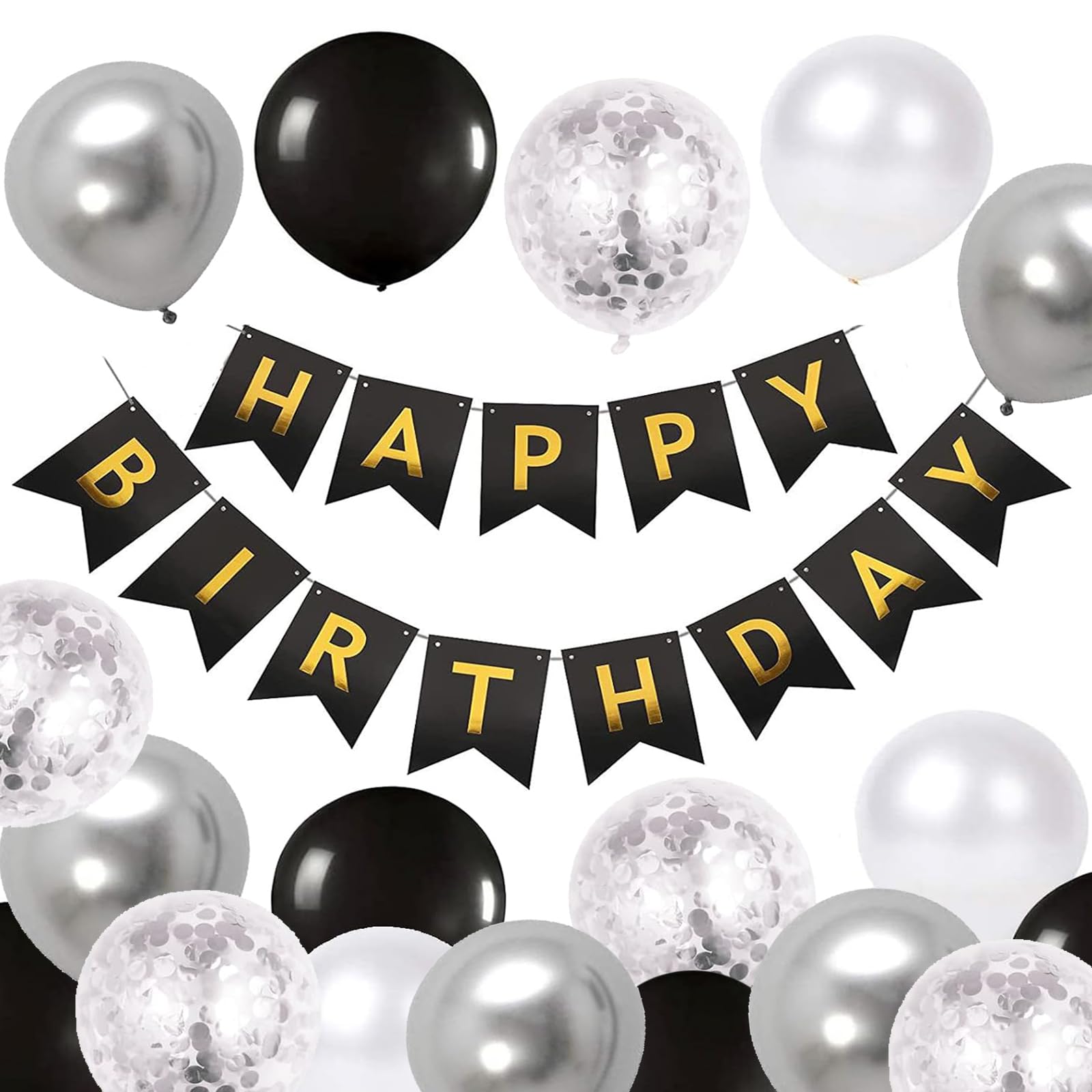 Happy Birthday Banner, Black and silver Birthday Decoration 16pcs Happy Birthday Balloons, Ribbons and Birthday Banners, Happy Birthday Decorations（Black&silver) — image 1
