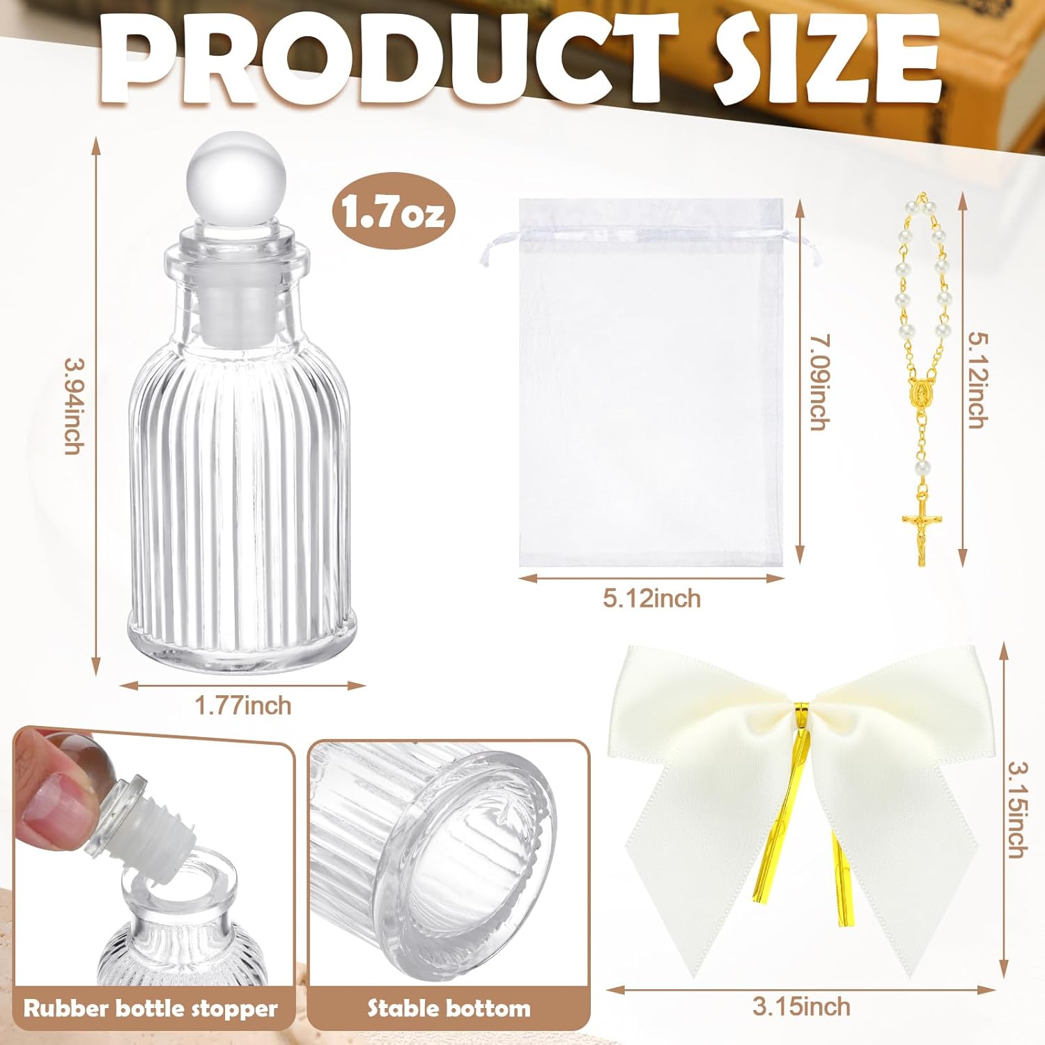 Chuangdi 24 Pcs 12 Sets Holy Water Bottles Baptism Favors for Guest Holy Water Container with Cross Rosary Organza Bag Bow 50ml Glass Empty Container for Communion Christian Wedding (Classic,White)