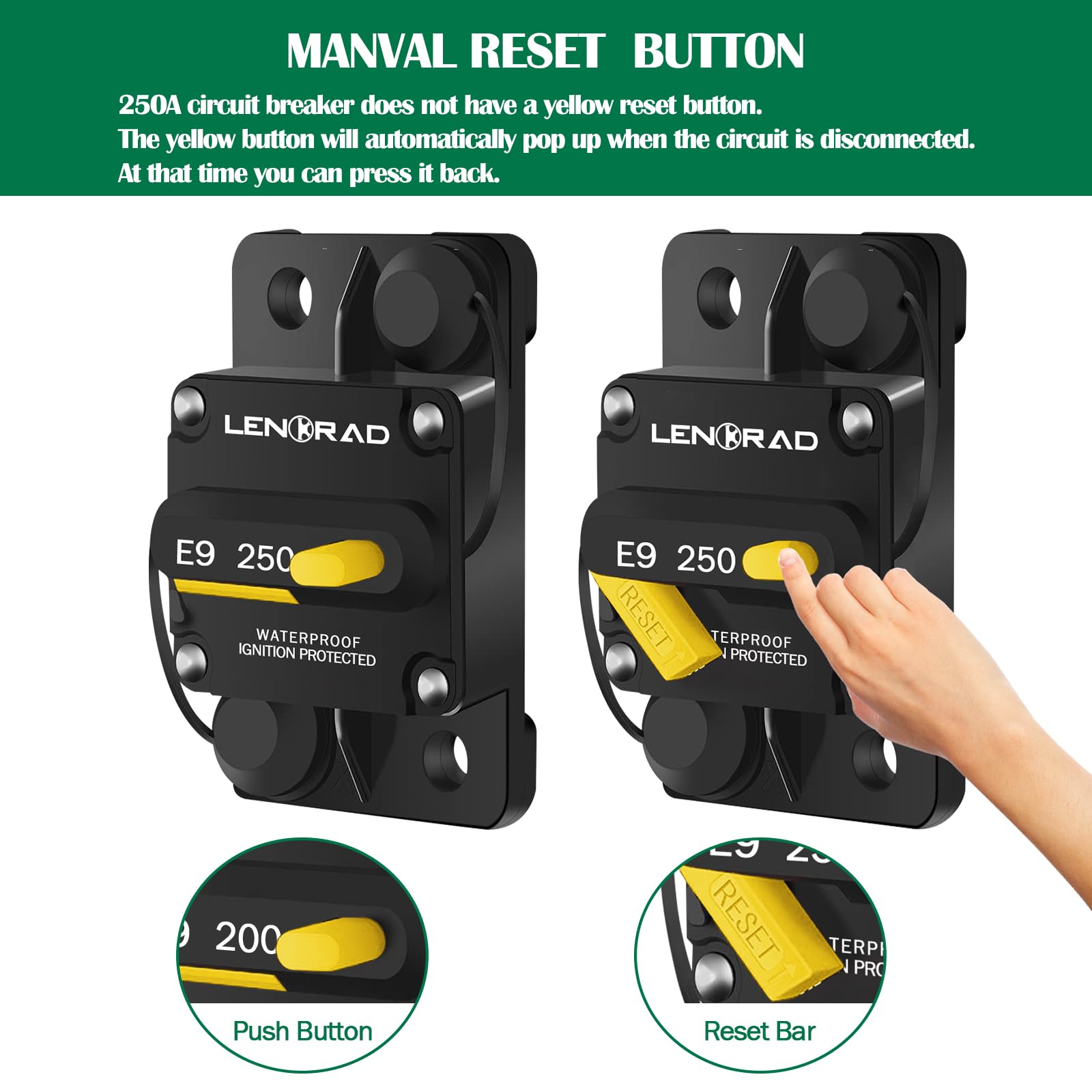 LENKRAD Disyuntor de 250 Amp con botón de reinicio manual para caravana, yate, 12 V – 48 V CC, impermeable, montaje en superficie