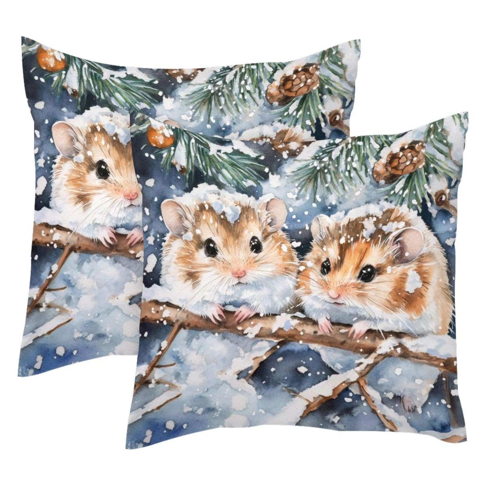 Housses de coussin en velours doux 50x50 cm avec motif hamsters enneigés