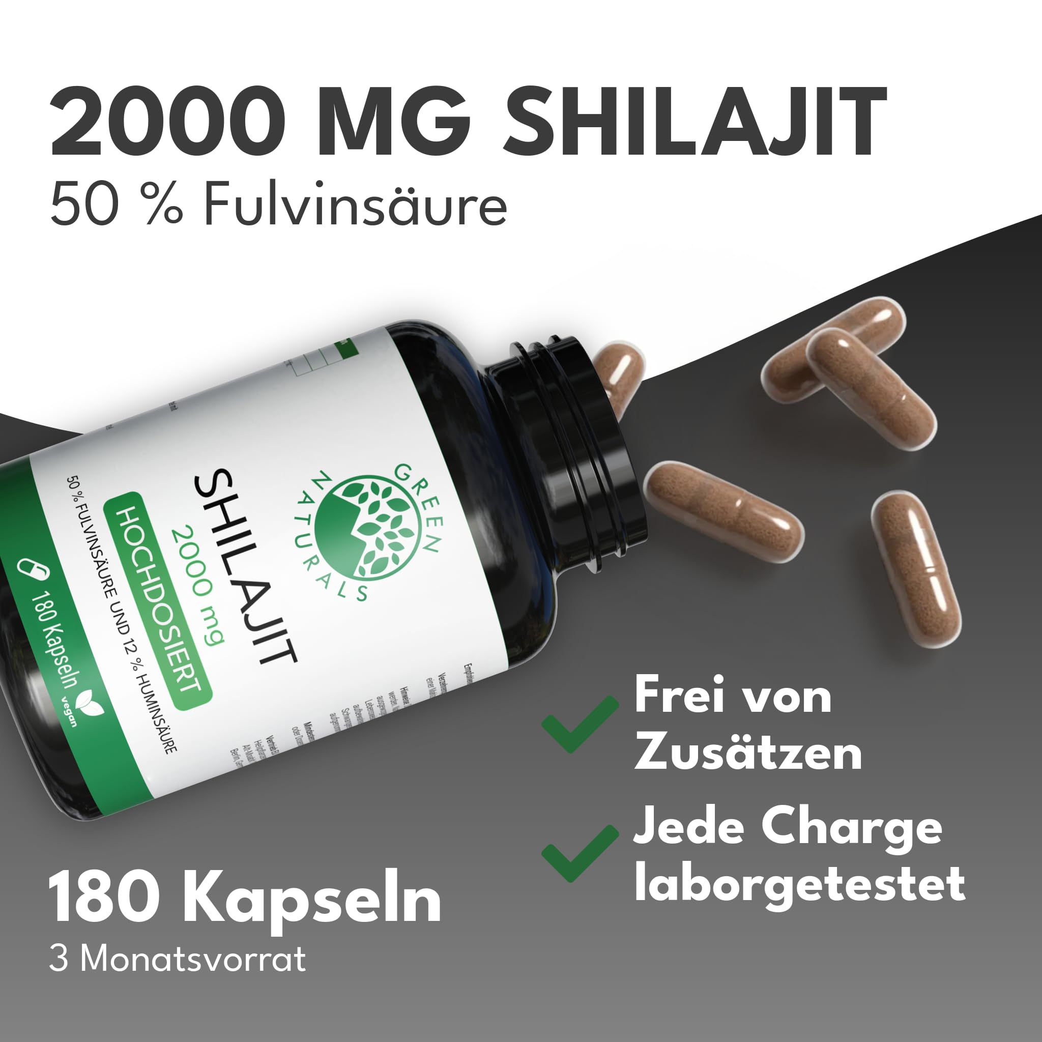 Green Naturals Shilajit – Hochdosiert: 2.000 mg Extrakt – 180 Kapseln | 20:1 pro Tagesdosis · Entspricht 40.000 mg · 50 % Fulvinsäure · 12 % Huminsäure · 3-Monatsvorrat