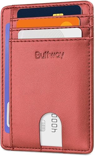 Miniatura 164 de Buffway - Billetera delgada minimalista de cuero con protección RFID para hombre y mujer Café Lichee