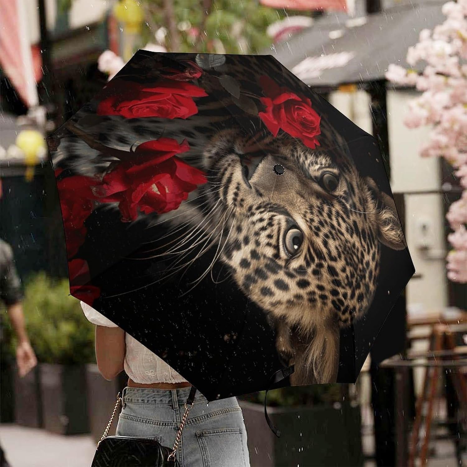 Travel Umbrella for Rain And Sun 3 Folding Automatic Open Lightweight Rose Leopard Umbrella Compact Portable 8 Rib Umbrellas Fit Car Purse Backpack for Men Women