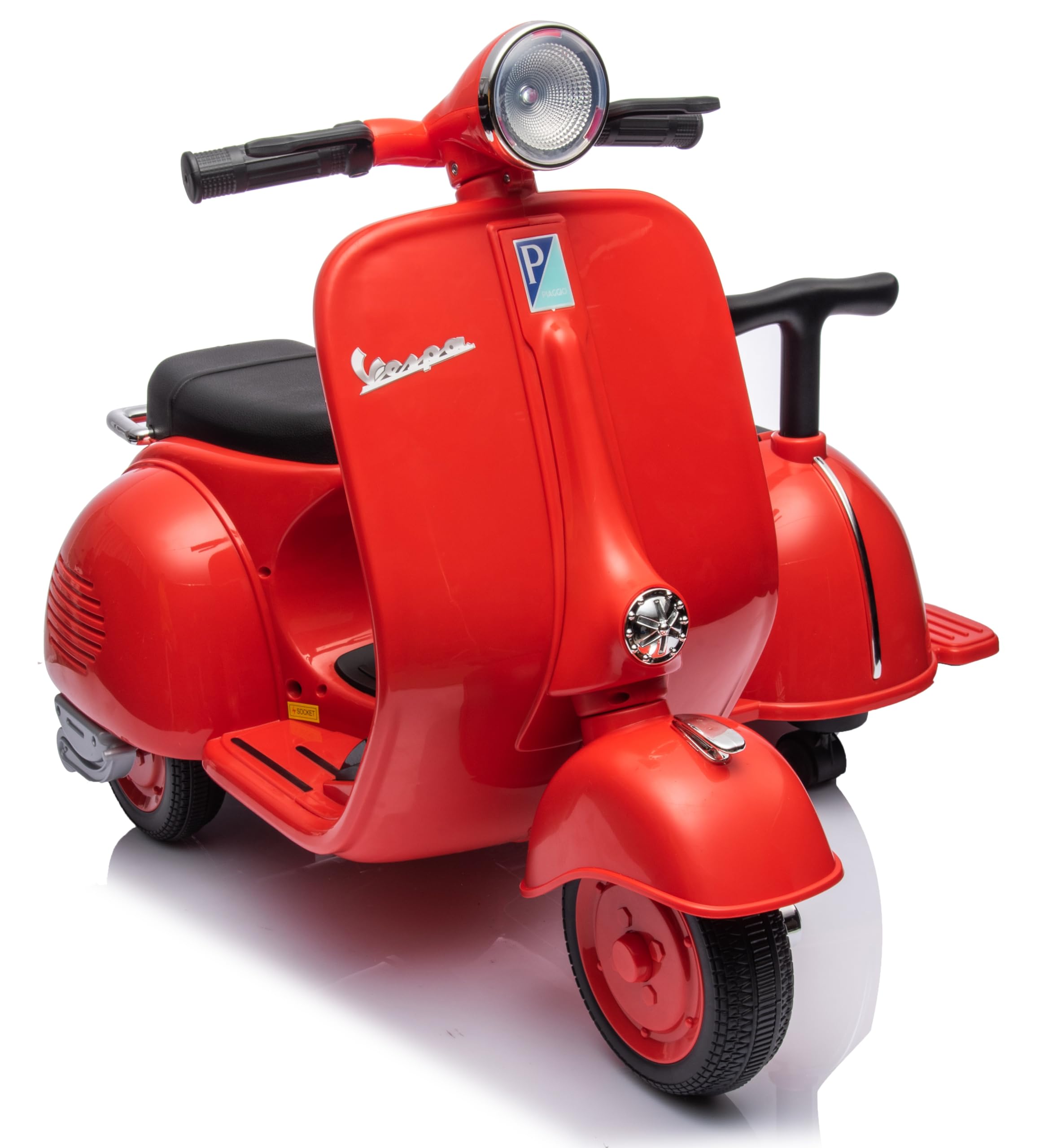 MR J toys&more Piaggio Vespa con Sidecar Small Elettrica 6V per Bambini con USB e luci mp3 Due posti Suoni e mp3 Elettrica (Rosso)
