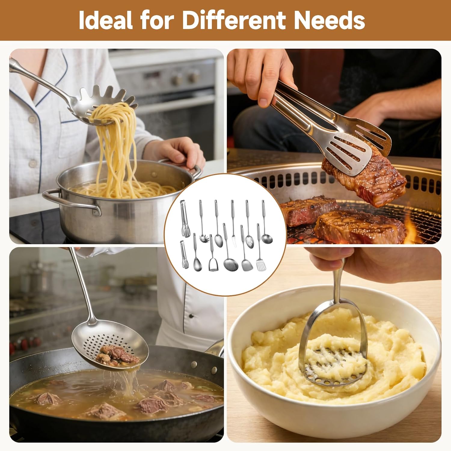304 Stainless Steel Utensils Set, 12 Pcs Kitchen Cooking Utensils, Metal Kitchen Tool Set with Hollow Handles, Includes Spatula, Ladle, Skimmer, Potato Masher, Tongs, Spoon