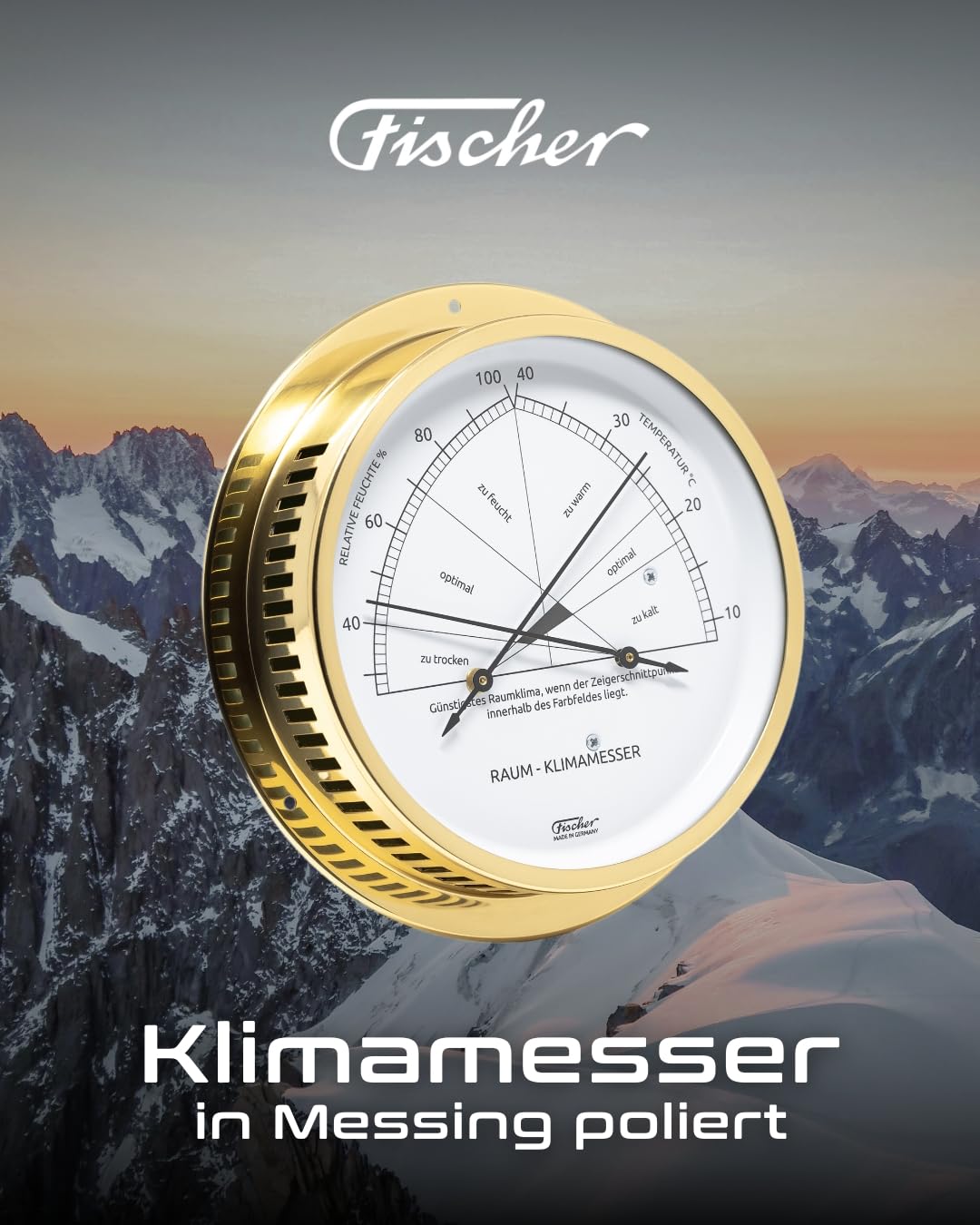 Fischer 5091-45 – nóż do klimatyzacji do pomieszczeń – 155 mm syntetyczny higrometr i termometr bimetalowy z mosiądzu Made in Germany