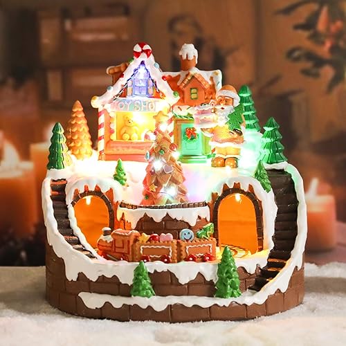 Miniatura 2 de DREAM GARDEN Casa de pueblo de Navidad, casa de pan de jengibre con tren móvil y árbol de Navidad, funciona con pilas, edificios musicales