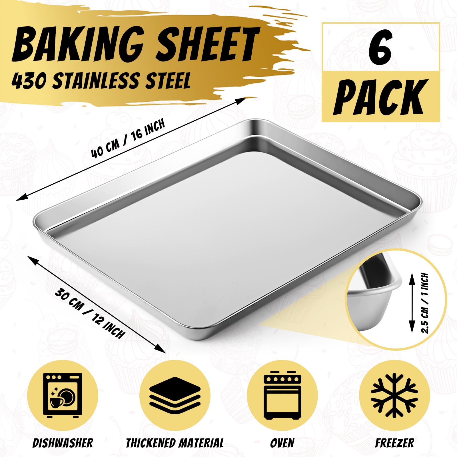 Mimorou 6-teiliges Backblech-Set aus Edelstahl, Keks-Backform, Backgeschirr, Ofenblech, spülmaschinenfest, Backblech, handelsübliche Qualität, Backbleche für Backofen (40,6 x 30,5 x 2,5 cm)