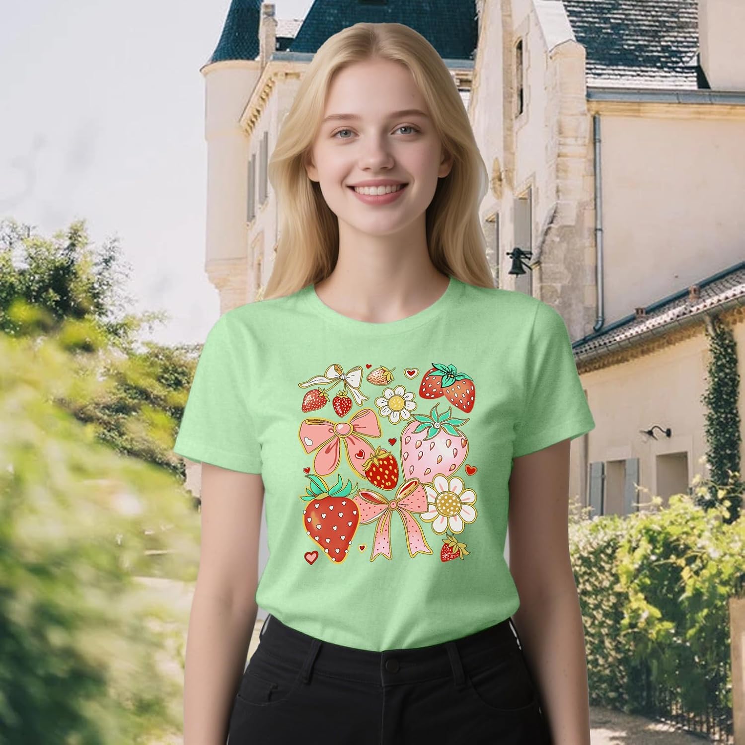 Strawberry Shirt for Women Fruit Lover T-Shirts Strawberries Tee Bows Tops - Image 2