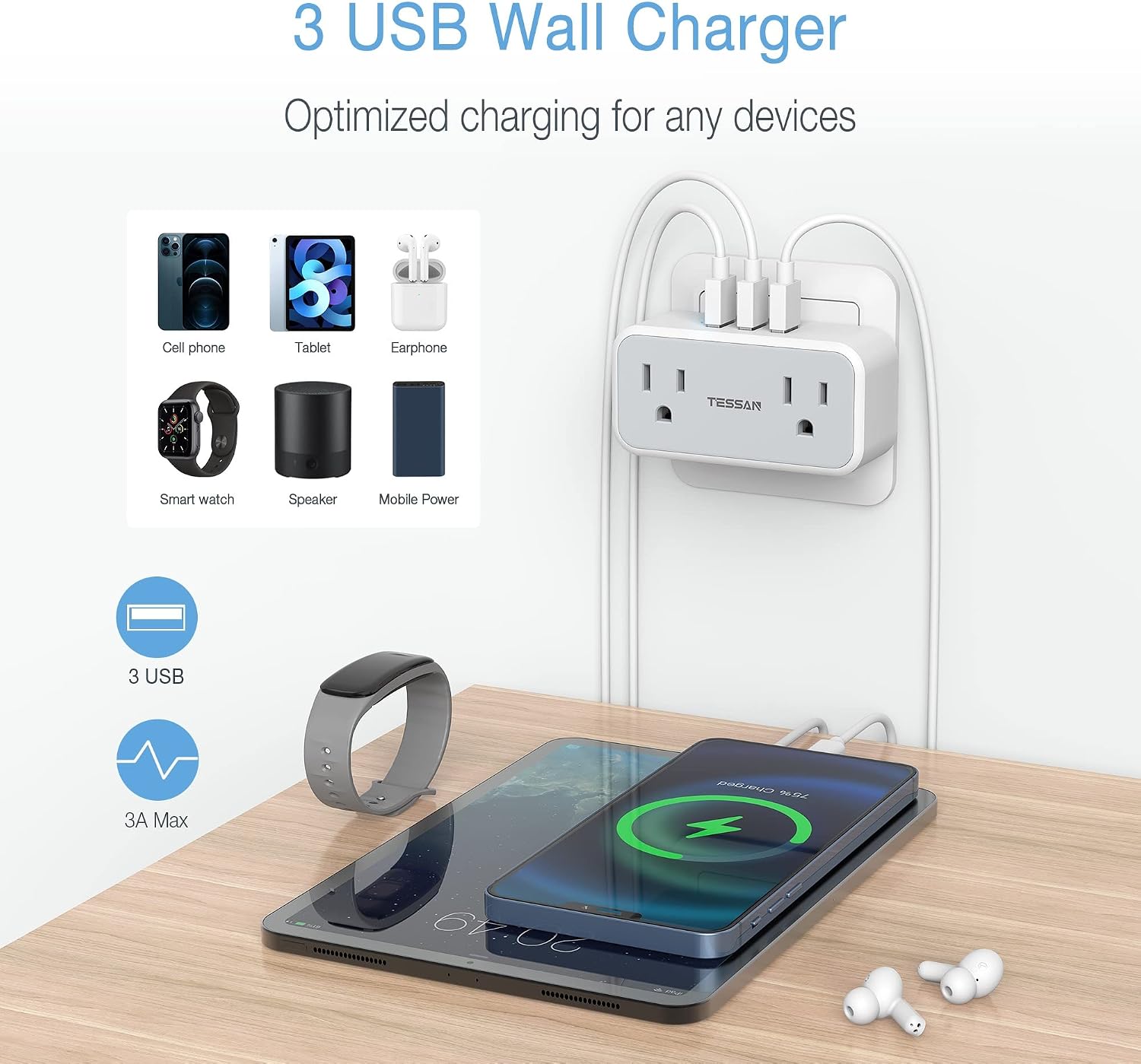 TESSAN Type E F Plug Adapter 2 Pack, Germany France Power Adapter, Schuko Plug with 2 AC Outlet 3 USB Charger, Travel Adaptor for US to Europe EU Spain Iceland Greece Korea Russia German French