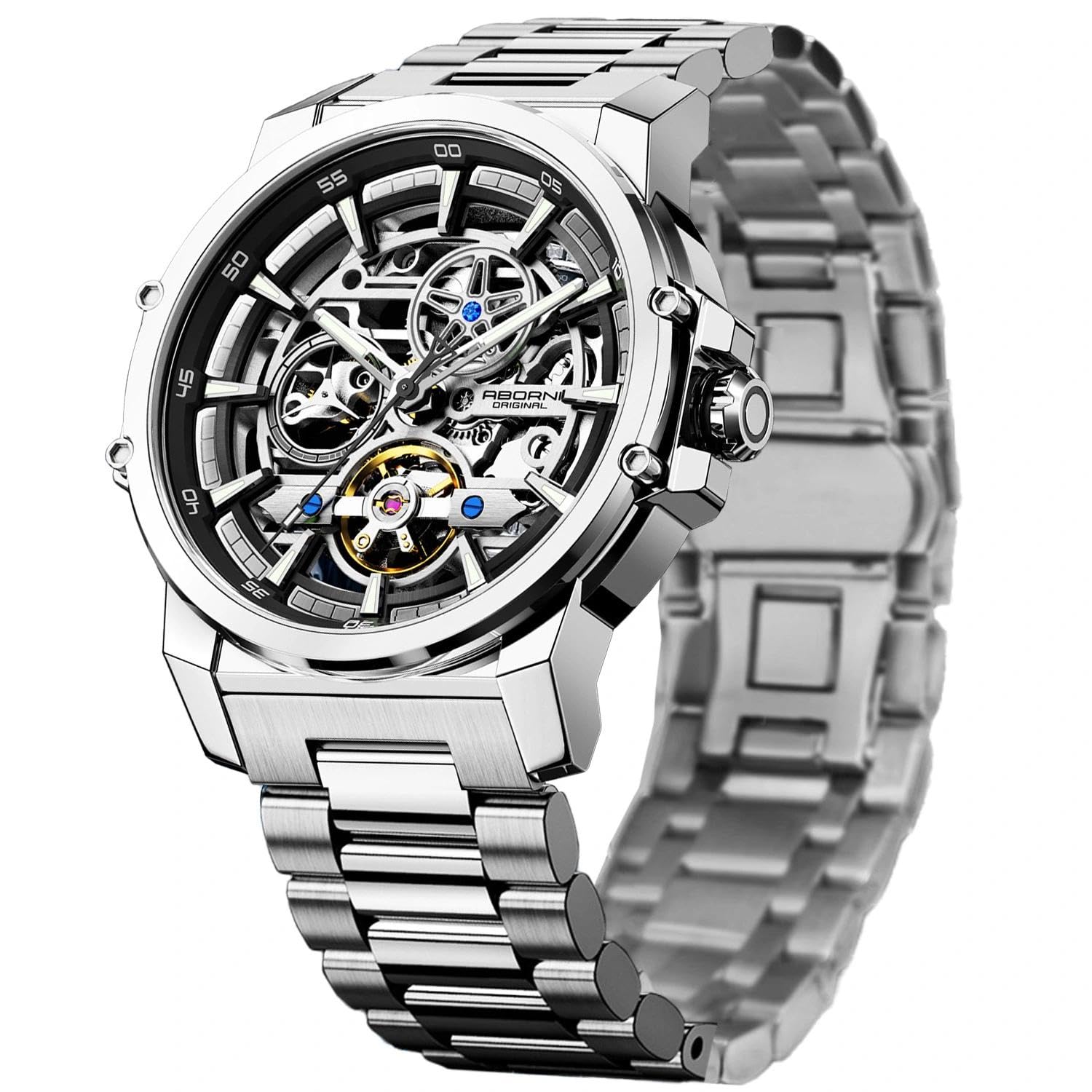 FORSINING Men's Luxury Automatic Skeleton Mechanical Watch, Industrial Style Self-Winding Hollow Watches with Tourbillon
