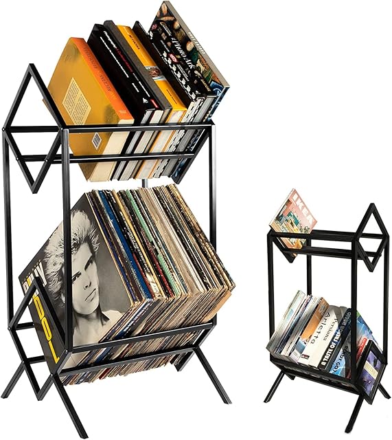 ybaymy 2-tier Vinyl Record Storage Holder, 160-200 LP Storage Rack Multifunction Metal Iron Display Stand, Simple Quick Assembly for Storage Book ,Album , Magazine ,Office Files Organizer Shelf