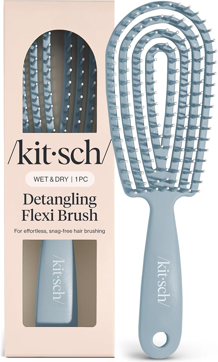 Kitsch Flexi Flow Detangler Brush, Hair Brushes For Women - Haze Blue | Brush Detangler for Women, Men & Kids, Curly Hair Brush w/ Bendable Frame, Bounce Curl Defining Brush for Wet or Dry Strands