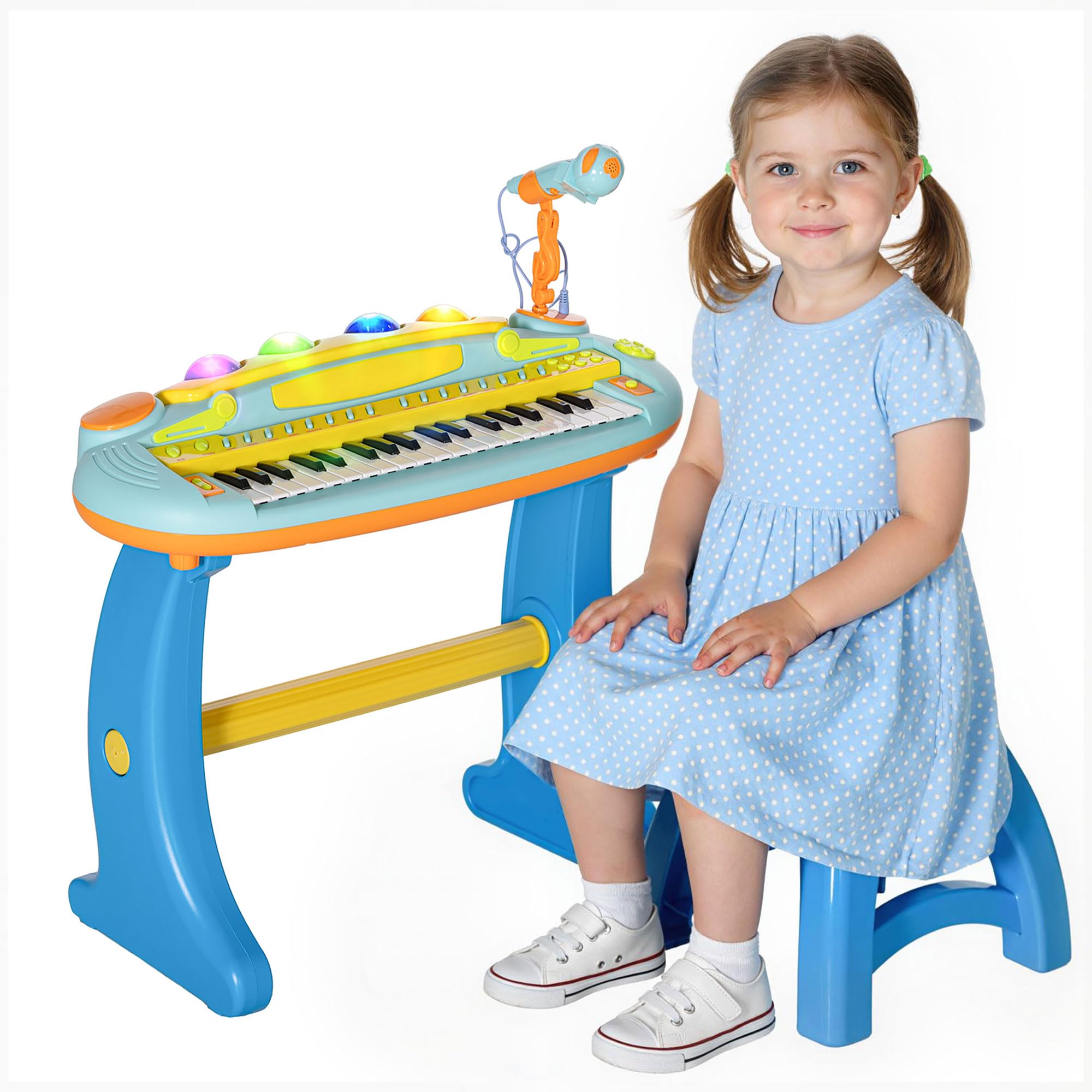 AIYAPLAY Piano Enfant Électronique Clavier 37 Touches Micro 3 à 6 Ans Bleu | Tabouret, Lumière LED, Fonction d'Enregistrement et de Relecture, Instrument de Musique Enfant