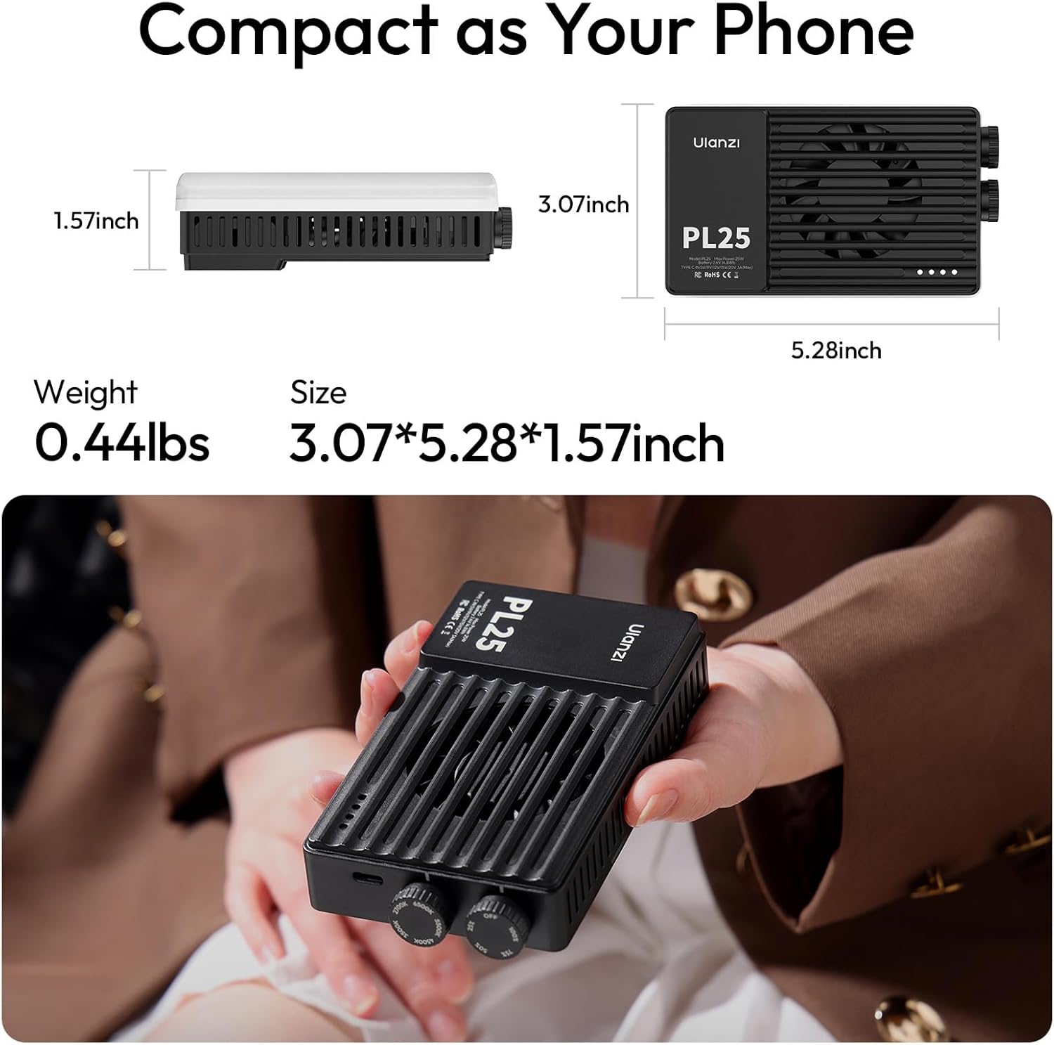 ULANZI PL25 Video Light, 25W LED Camera Light Mini Panel Bi-Color for DSLR Photography, 3200Lux, CRI≥96 2700K-6500K, 2000mAh Rechargeable Portable On-Camera Lighting for Photo, Video, YouTube, Vlog - Image 7