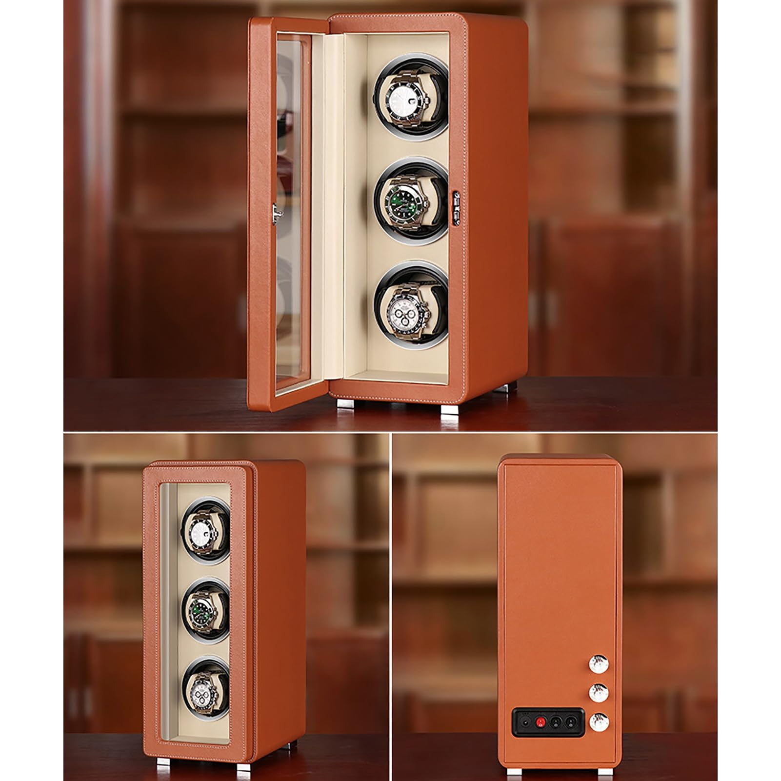 Dreifacher automatischer Uhrenbeweger für 3 Uhren, Gehäuse aus PU-Leder, selbstaufziehende mechanische Uhren, staubdichtes Gehäuse, drehbare Uhrenbewegerbox mit LCD-Touch，Orange