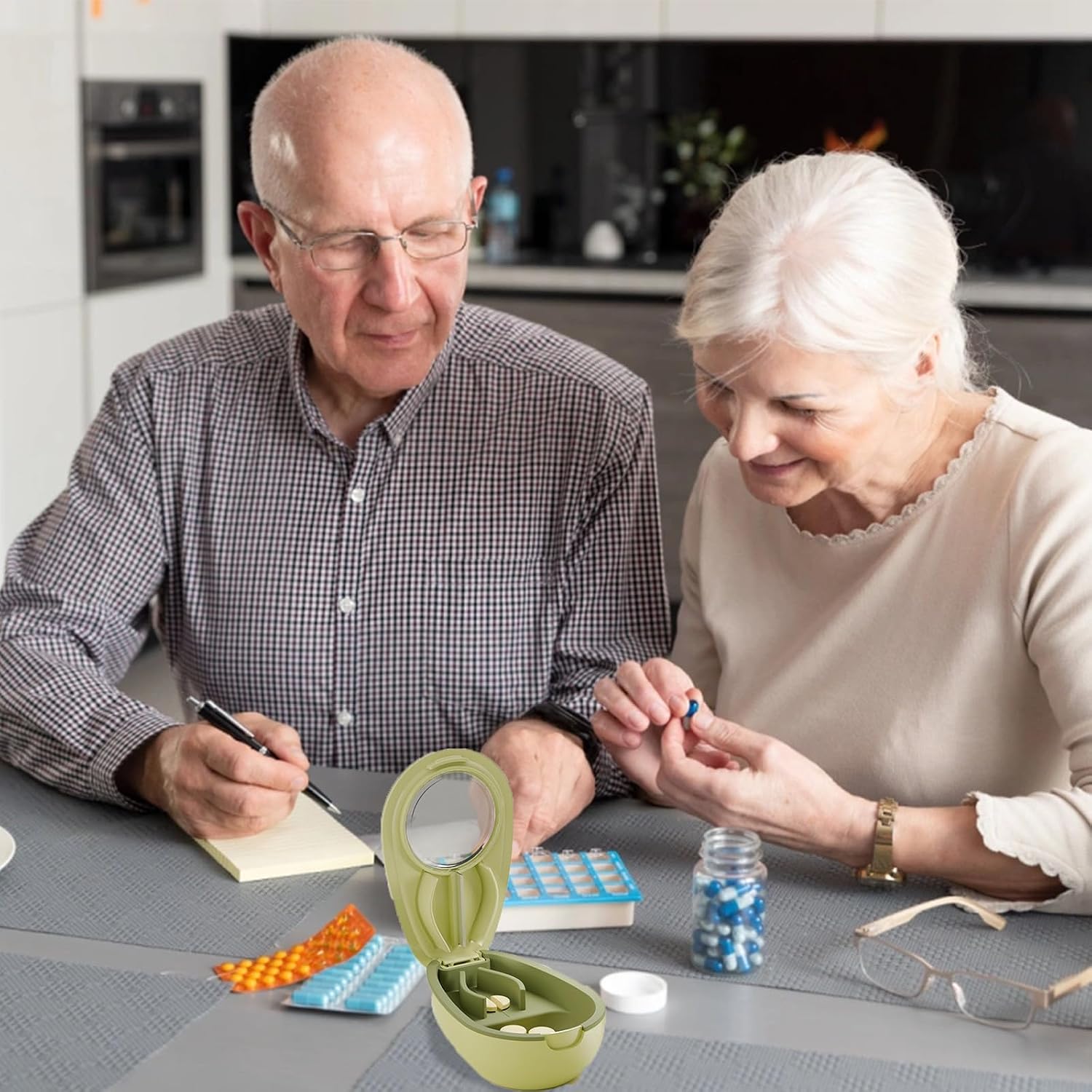 Avocado-Shaped Pill Cutter, Splitter for Small & Large Pills, 2-Compartment, Green, 1 Count