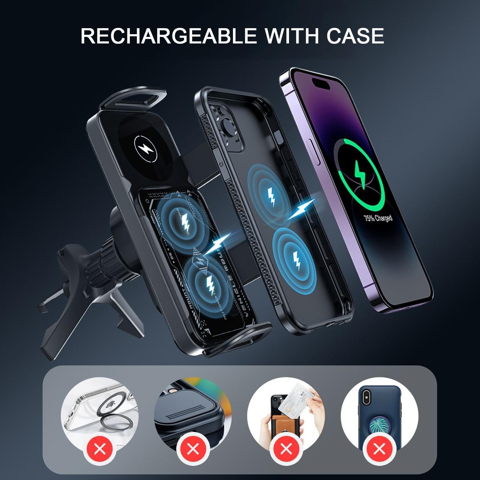 Generico Supporto Ricarica Wireless Auto Supporto Telefono per Veicoli | 15W Doppia Bobina Wireless Pieghevole Dispositivo di Ricarica per Cellulare per Griglia Aria Cruscotto e Console Centrale