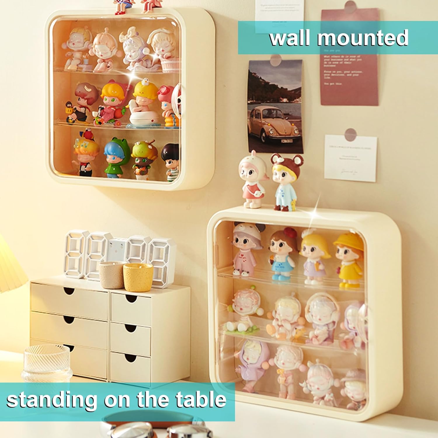 White Miniature Display Case for Collectibles Figures, 12 Inch Clear Display Box, Wall Mounted/Desktop Plastic Organizer Acrylic Display Storage Case for Mini Figure Toys (Cream Color)