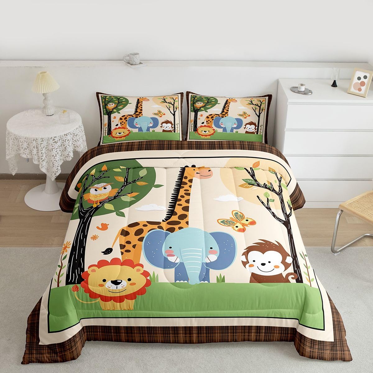 Feelyou Crib Safari Animals Comforter Set Twin, Cartoon Crocodile Elephant Bedding Set Yellow Giraffe Comforter Kids Toddler Nursery Jungle Animals Duvet Set