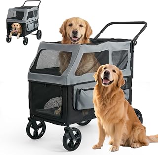 Large Dog Stroller for Medium & Large Dogs up to 350 lbs,Foldable Pet Wagon | Rear Ramp for Senior Dogs,Adjustable Handle,Washable Pad,All Terrain Wheels,Breathable Mesh Doors & Multiple Storage Pockets