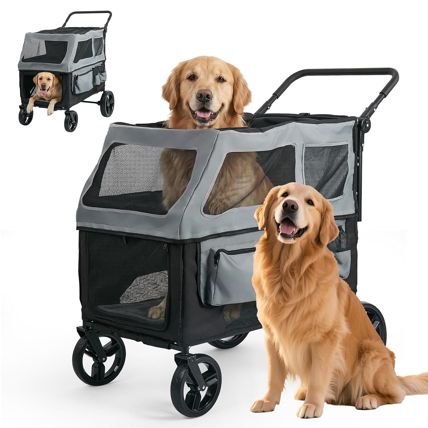 Large Dog Stroller for Medium & Large Dogs up to 350 lbs,Foldable Pet Wagon | Rear Ramp for Senior Dogs,Adjustable Handle,Washable Pad,All Terrain Wheels,Breathable Mesh Doors & Multiple Storage Pockets