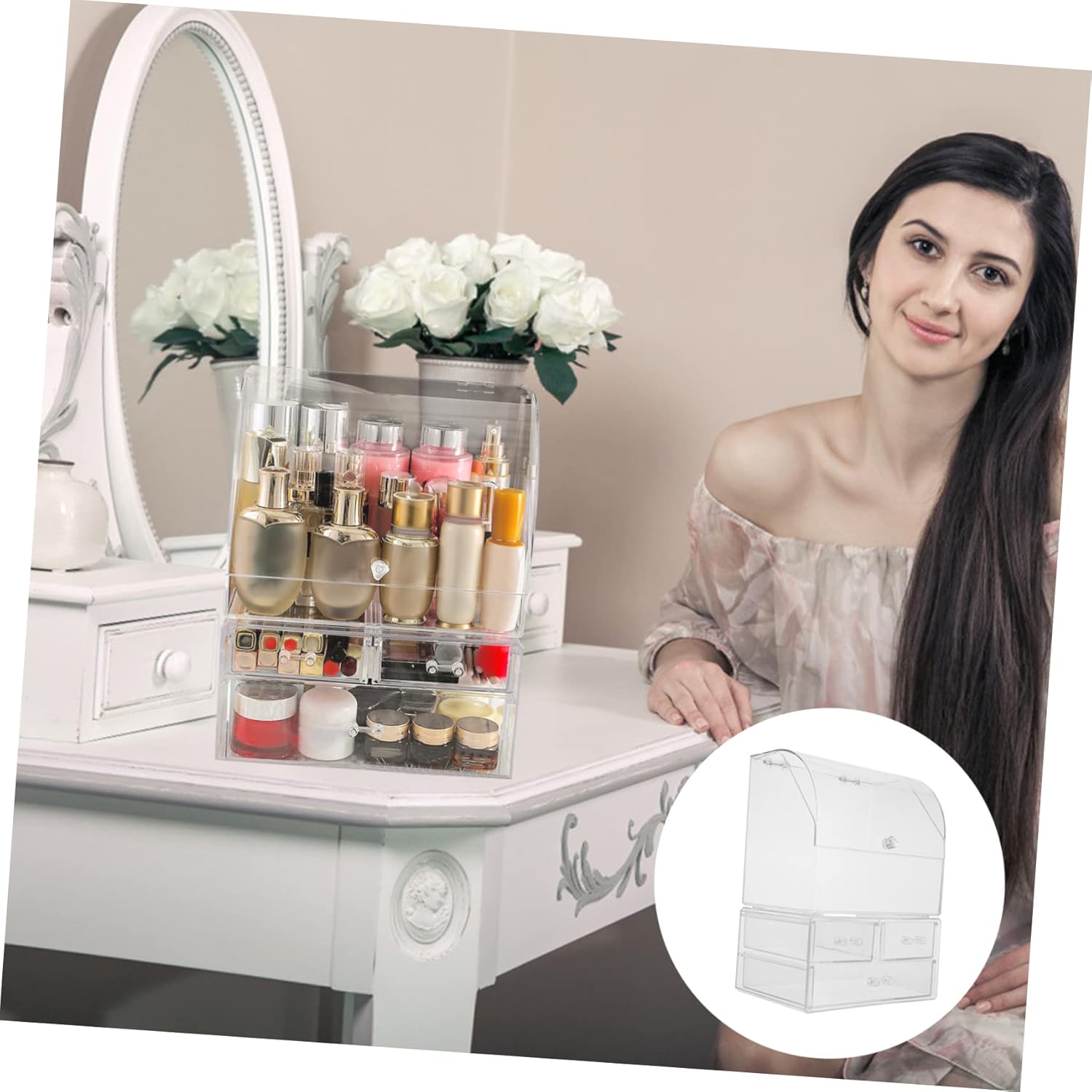 Acrylic Cosmetic Storage Box Lid Desktop Organizer Display Case Space-saving Desktop Stylish Decorative