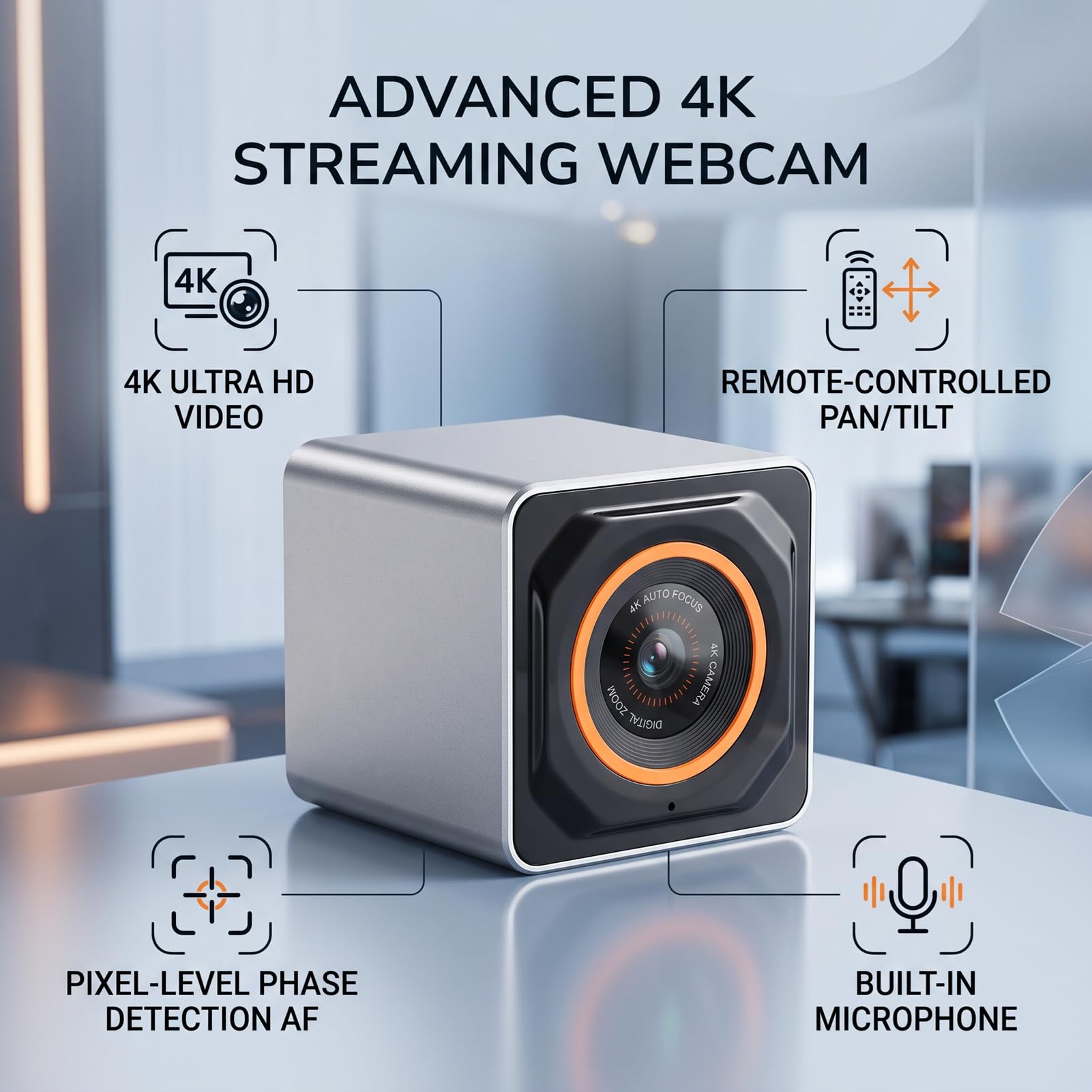 Webcam 4K, Cámara Web 30 Fps 75° FOV Enfoque Automático PDAF, for Videollamadas y Reuniones | Cámara de streaming con control remoto y micrófono con cancelación de ruido