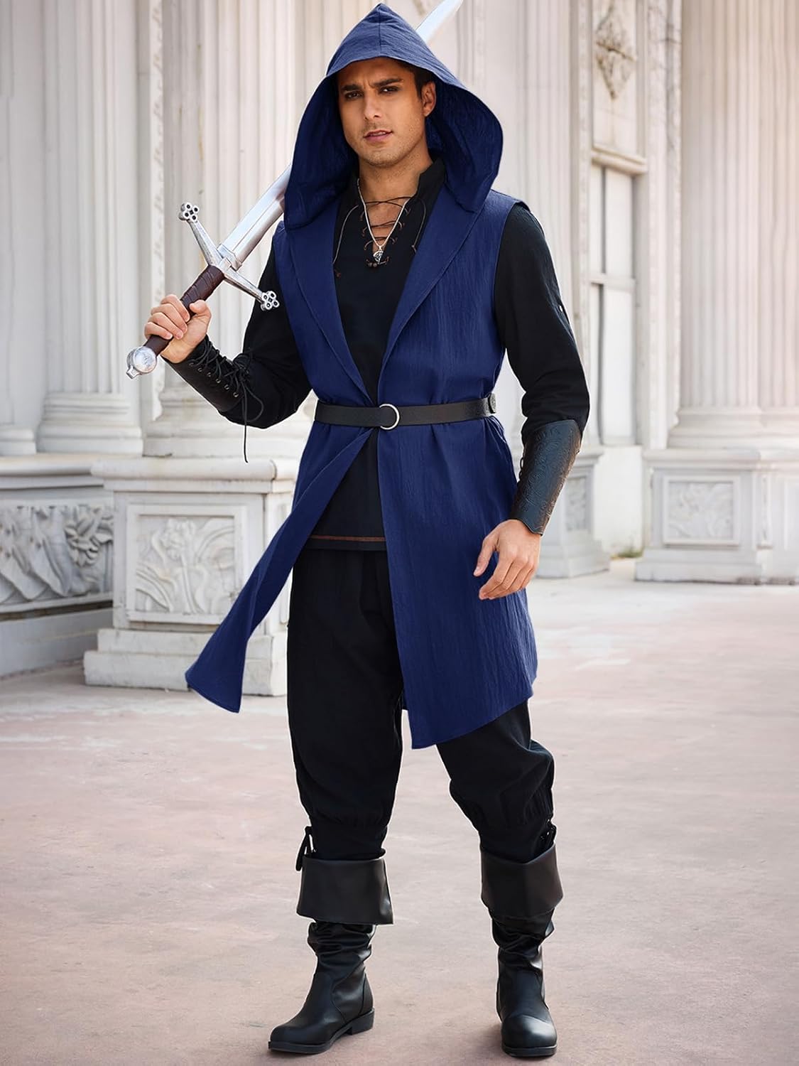 Runcati Mens Renaissance Costume Hooded Surcoat Medieval Knight Sleeveless Tunic Tops Tabard Viking Holloween Cloak - Image 4