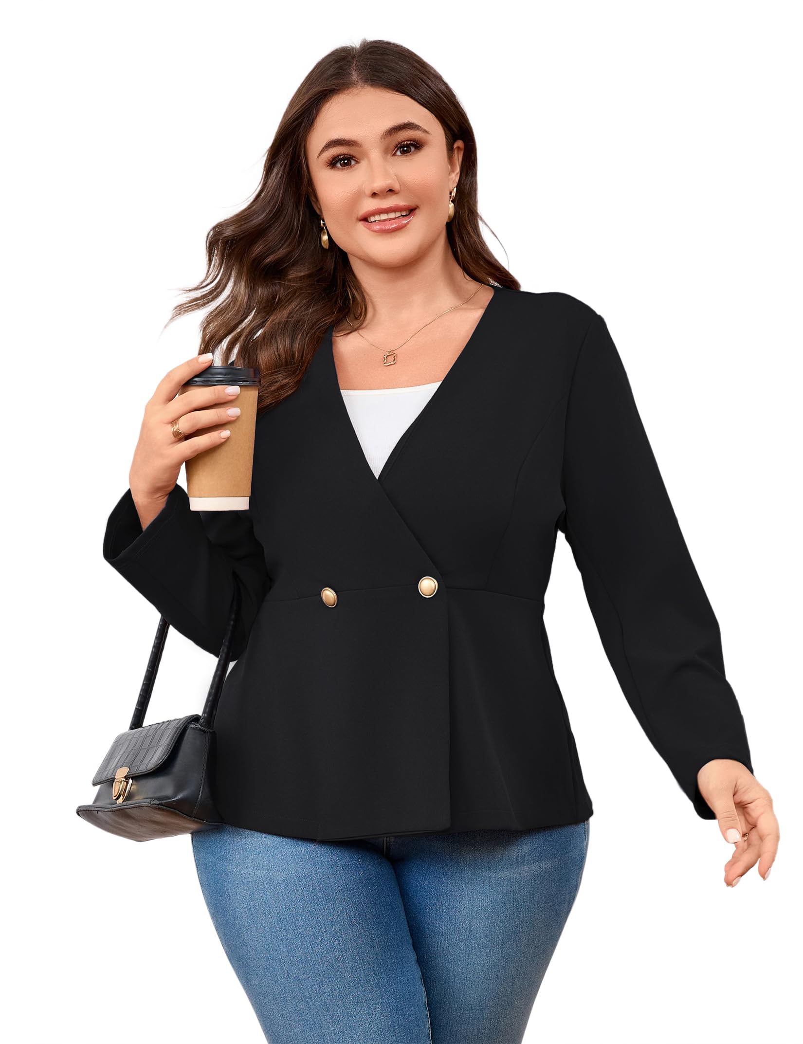 Plus Size Womens V-Neck Blazer 3 4 Sleeve Two-Button Jacket Workwear Casual Office Blazer Suit