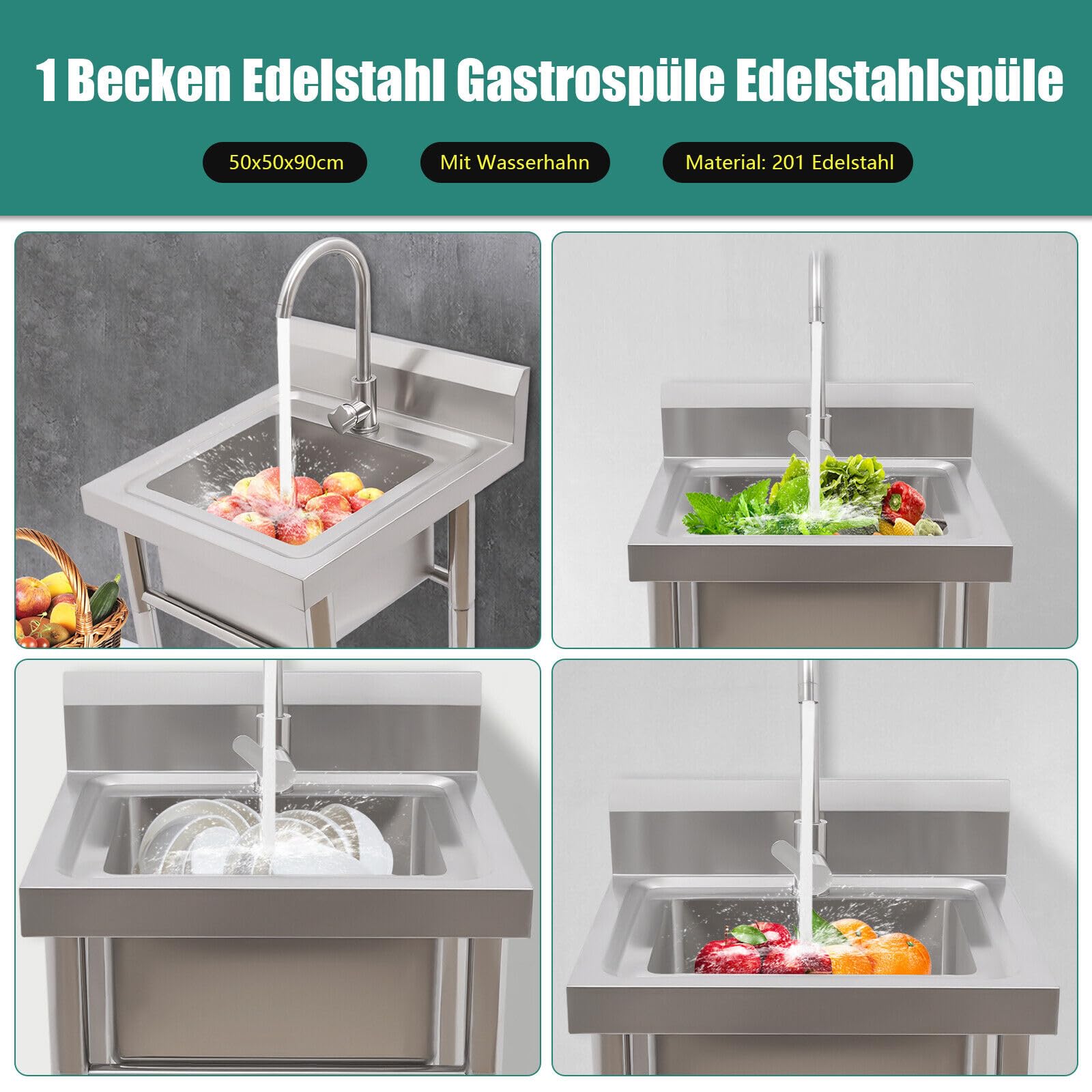 Fregadero de cocina de acero inoxidable, kit de fregadero de cocina de acero inoxidable, juego de fregadero rectangular de acero inoxidable con colador de desagüe con grifo y tubos de bajada,