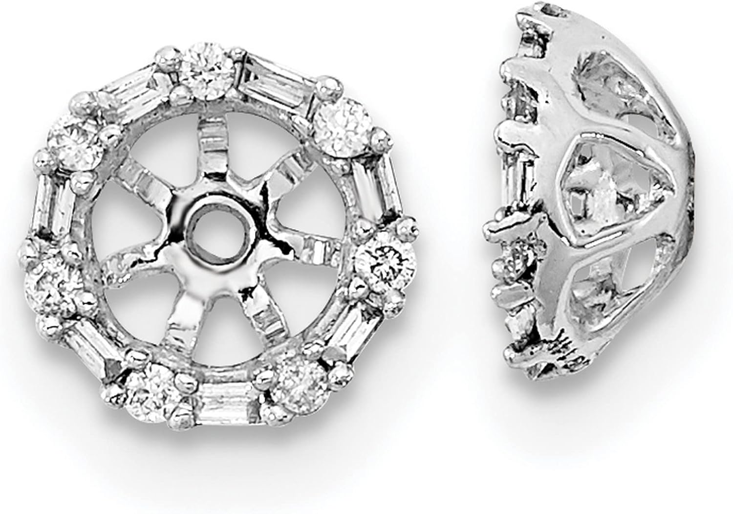 14k White Gold Diamond Earring Jackets 6mm with Round and Baguette Diamonds, Halo Enhancers for Women