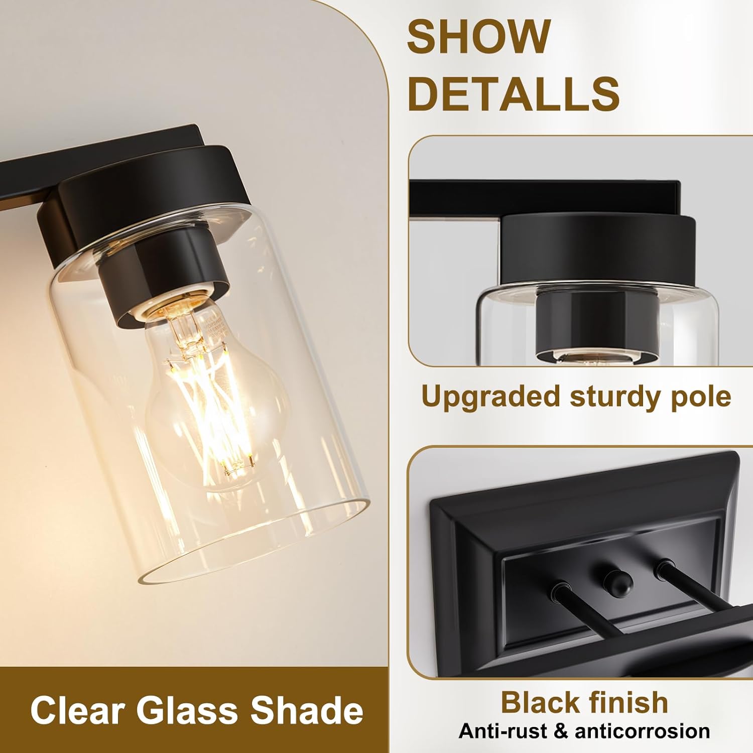 EJIAXIN Bathroom Lights Over Mirror, 3 Light Bathroom Light Fixtures with Clear Glass Shade Modern Matte Black Vanity Lights Lighting for Bathroom, Mirror, Living Room, Bedroom, Hallway