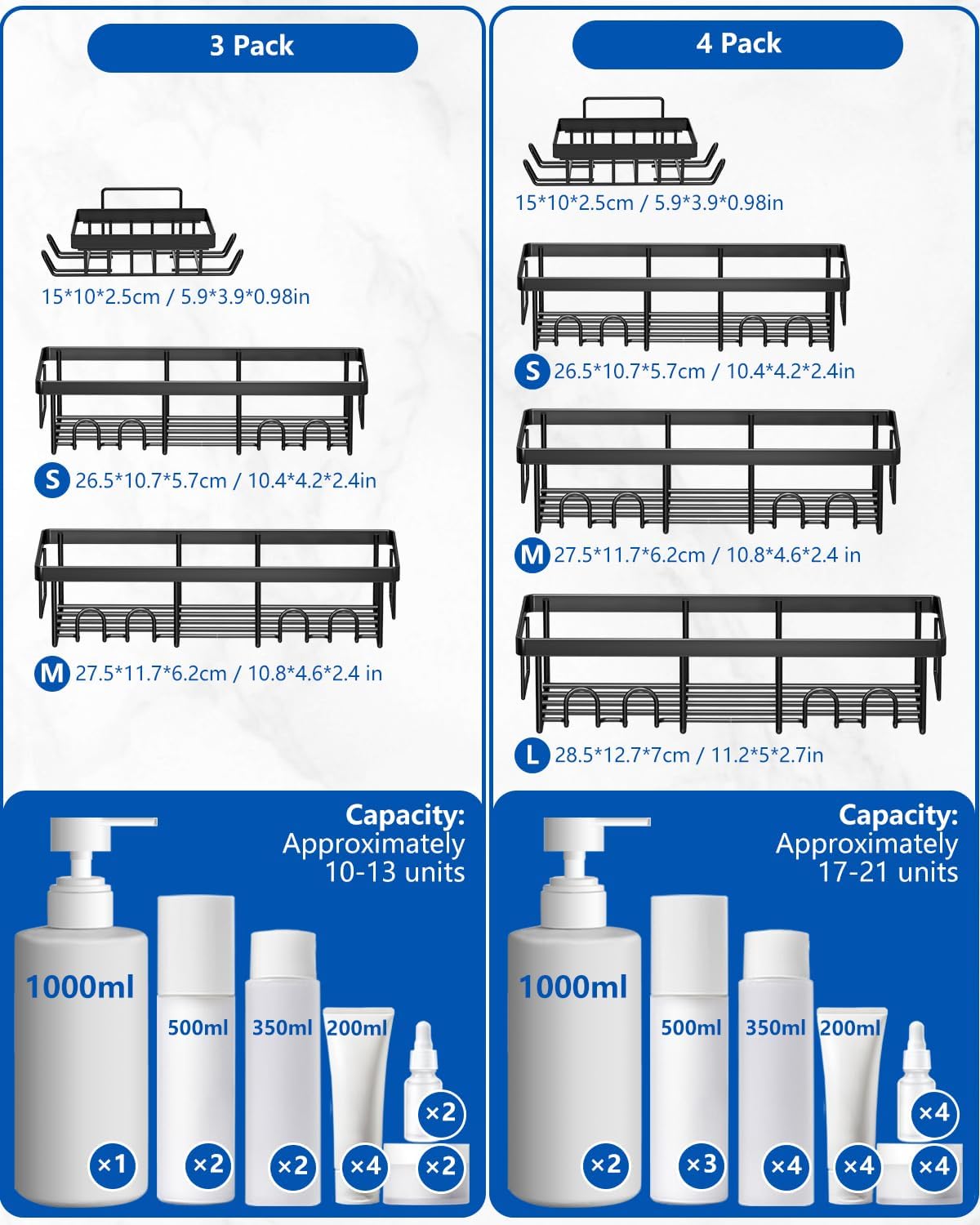 AceMining Shower Caddy, 3 Pack Black Shower Storage Organiser with Hooks, Adhesives Bathroom Caddy No Drill, Bathroom Wall Storage