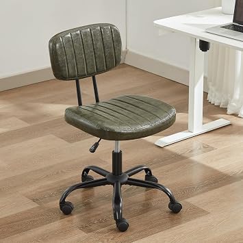IPKIG Small Office Desk Chair, Comfy Armless Vanity Rolling Swivel Task Chair with Wheels and Low Back Lumbar Support, Computer Chairs with Adjustable Height for Small Space, Home PU Leather, Green