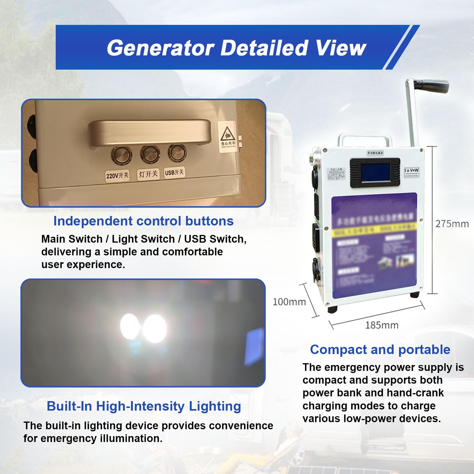 Generador De Manivela Compacto - Estación De Energía Portátil De 200 WH con 500 W De Potencia, Pantalla LCD Y Múltiples Opciones De Carga, para Investigación De Campo, Emergencias