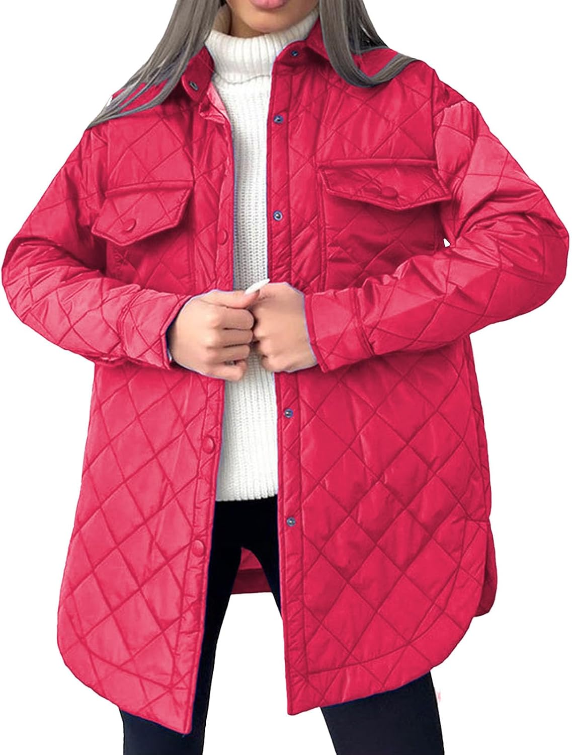 Quilted Jackets for Women Lightweight Long Sleeve Button Down Puffer Jacket Warm Winter Coat Outerwear with Pockets