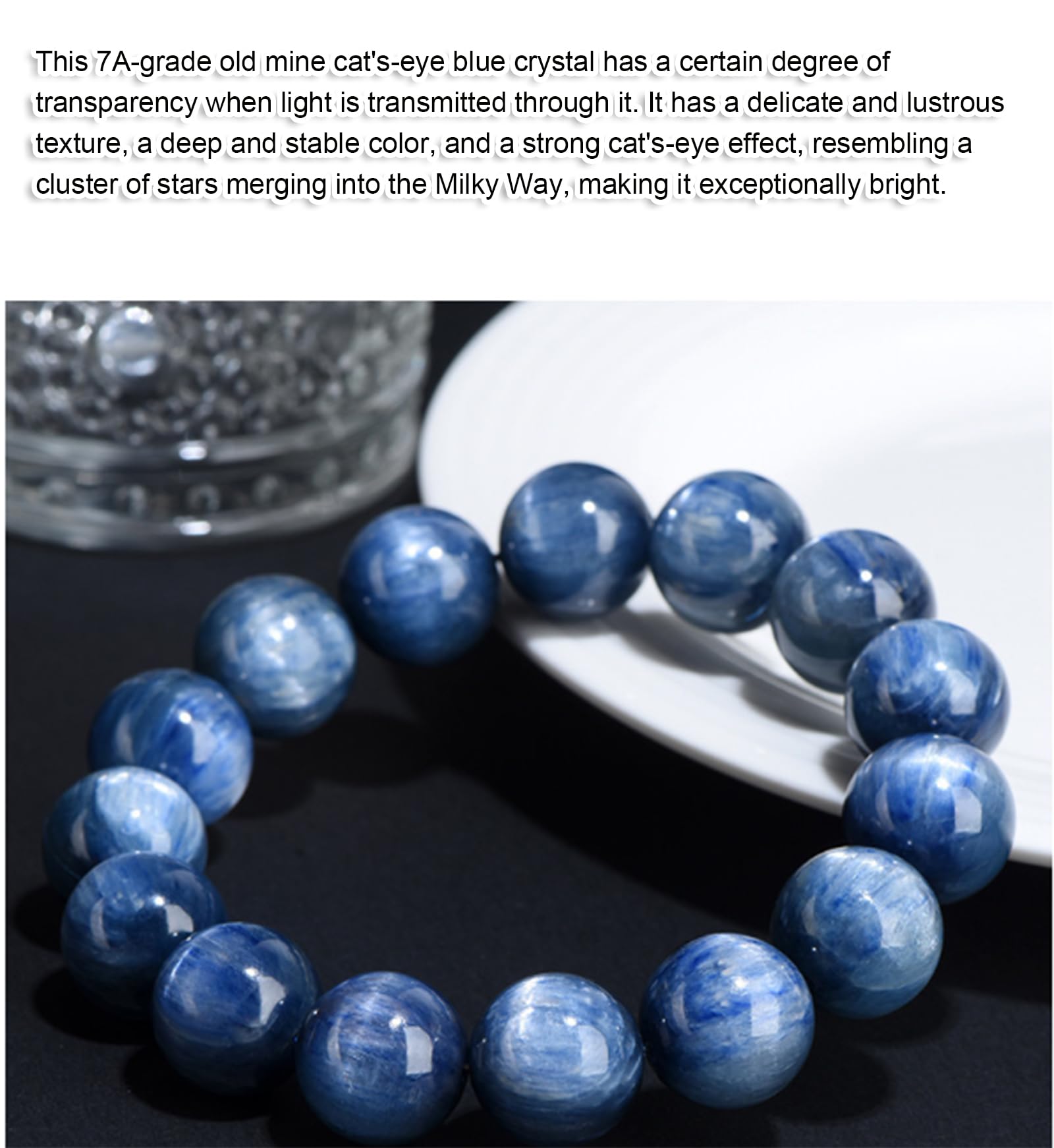 Bracciale con perline rotonde naturali di cianite blu della vecchia | Bracciale elasticizzato in cristallo per donna uomo, gioielli in pietra curativa lucidata fatti a mano per la meditazione