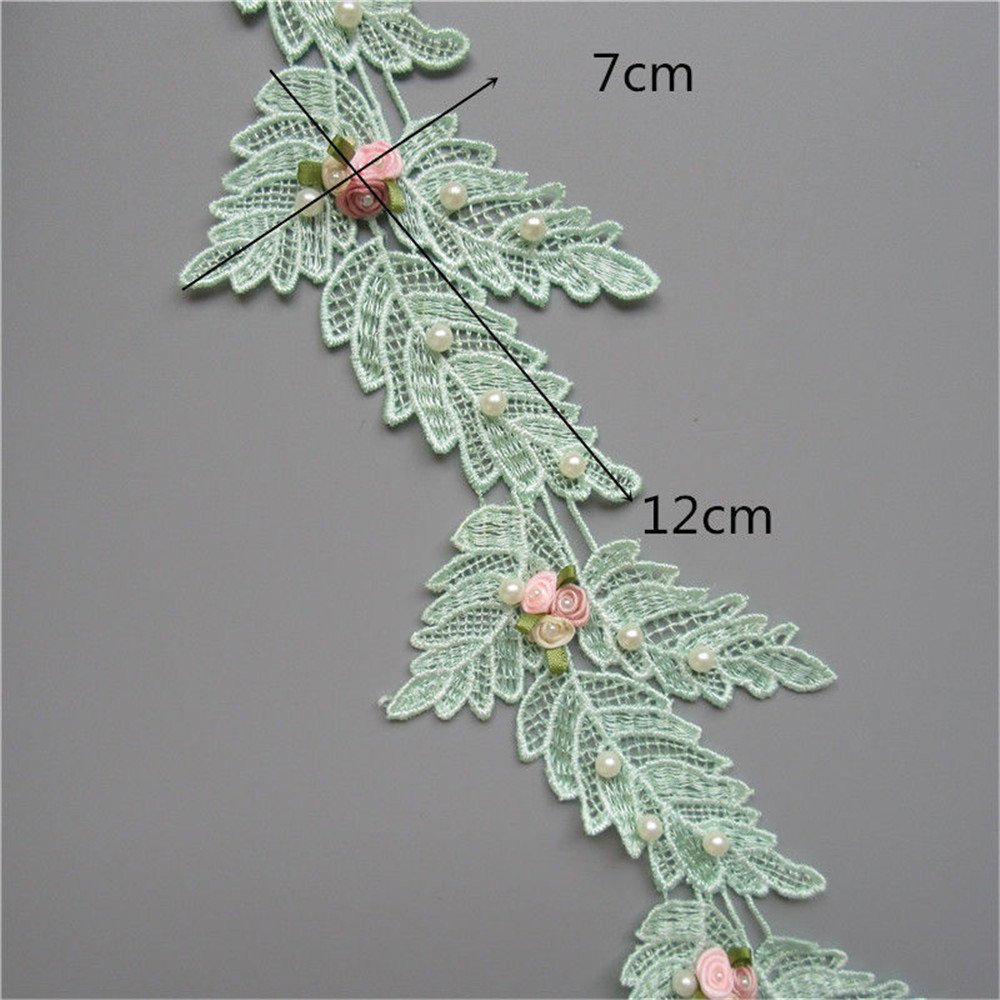 1 Meter Leaf Shape Flower Pearl Lace Edge Ribbon 7cm Width Green Trimmings Vintage Style Fabric Embroidered Applique Sewing Craft Wedding Bridal Dress Embellishment Party Decoration Clothes Embroidery