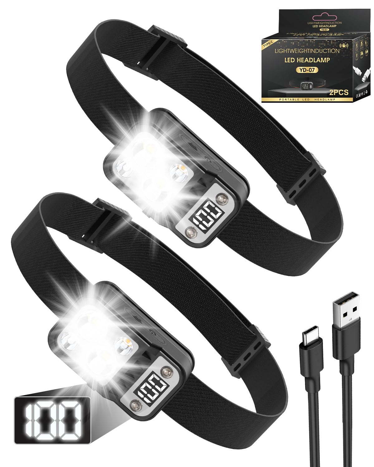 Andizun Head Torch Rechargeable, Digital Display Super Bright LED Headlamp Headlight with Sensor Control & 5 Light Modes, IPX4 Waterproof, Hands-Free for Cycling Power Cuts, Emergency etc, 2 Pack