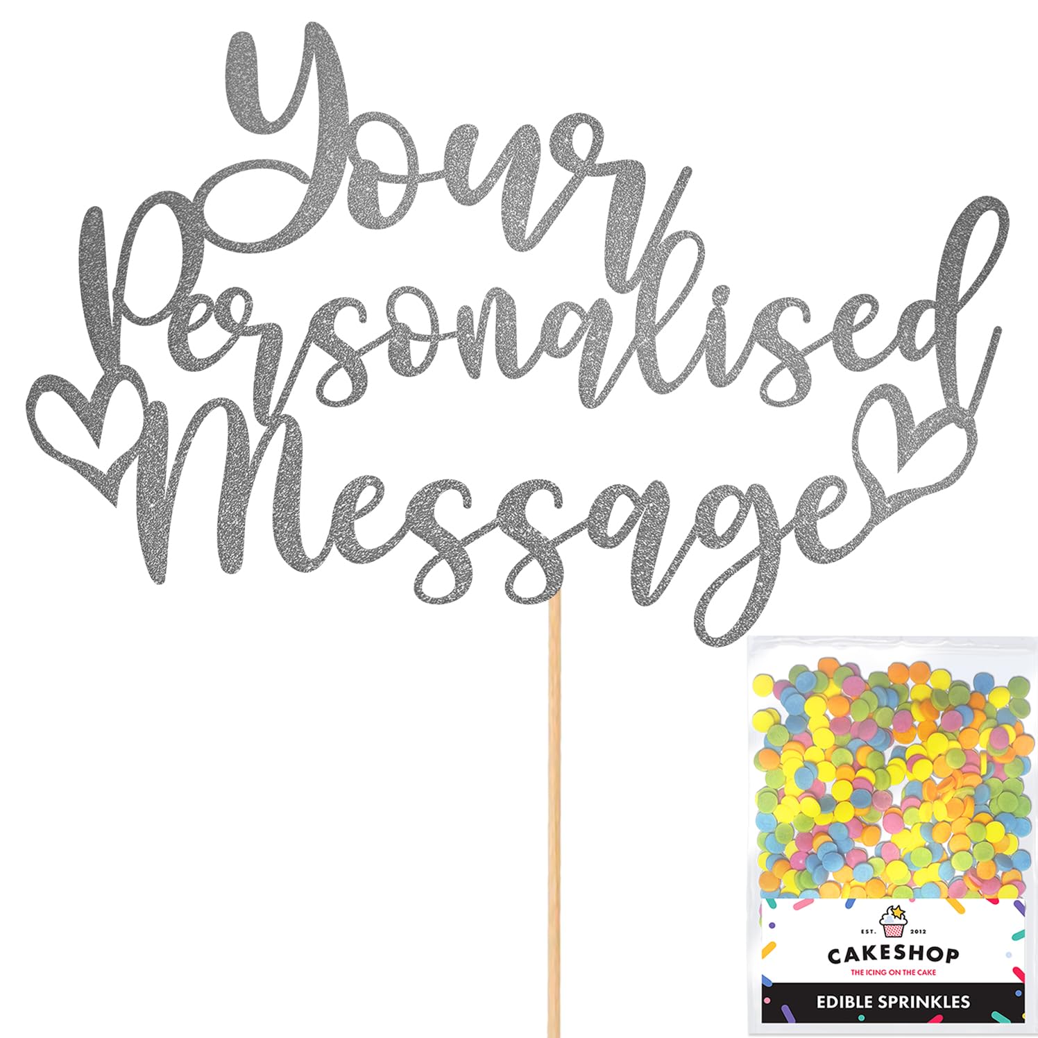 Any Text Personalised Glitter Cake Topper - Dark Silver Name, Age, Words Glitter Cake Decoration and Sprinkles - Happy Birthday Decorations - Personalised Toppers for Cakes by Cakeshop