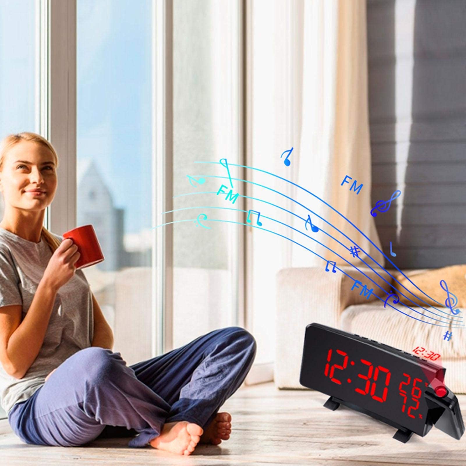 Orologio Sveglia Proiettore LED Con Doppio Allarme, Funzione Snooze, Temperatura, Umidità, Porta USB, Alimentazione Batteria O USB, Rotazione 160°