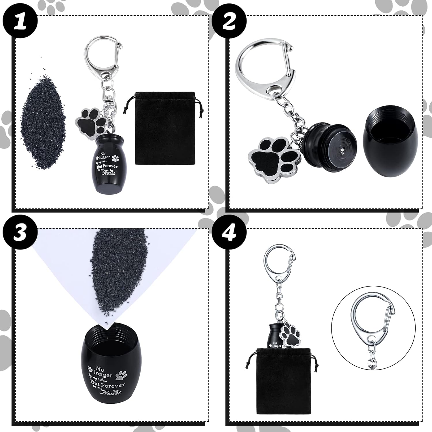 Batiyeer 4 Pack Pet Dog Urn Keychain for Ashes with 4 Storage Bags Memorial Keepsake Keychain for Dog Cat Ashes Paw Print Secure Screw Lid Stainless Steel Cremation Capsule Mini Urn for Pets