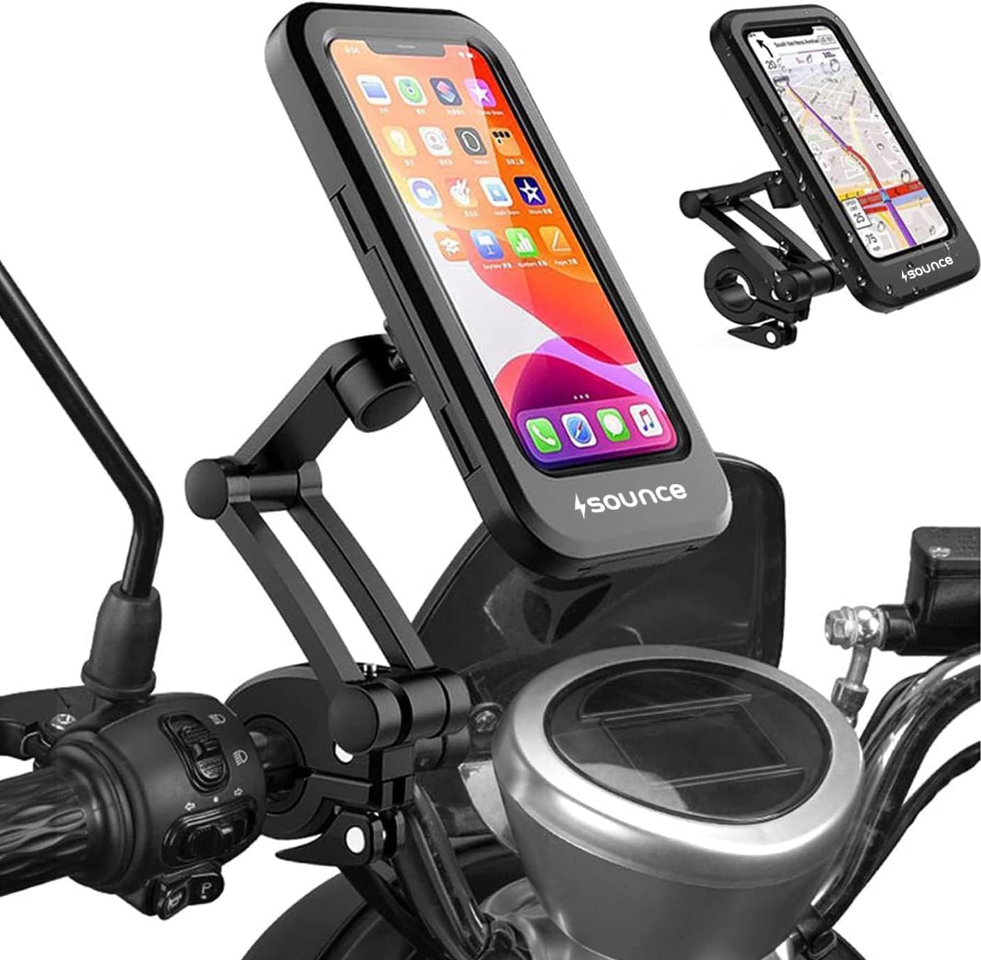 Sounce Waterproof Bike Mobile Phone Holder for Handlebar – 360° Rotation, Sensitive Touch Screen, IPX6 Waterproof Case for Smartphones 4.7"–7.2", Compatible with iPhone, Samsung, and All Phones