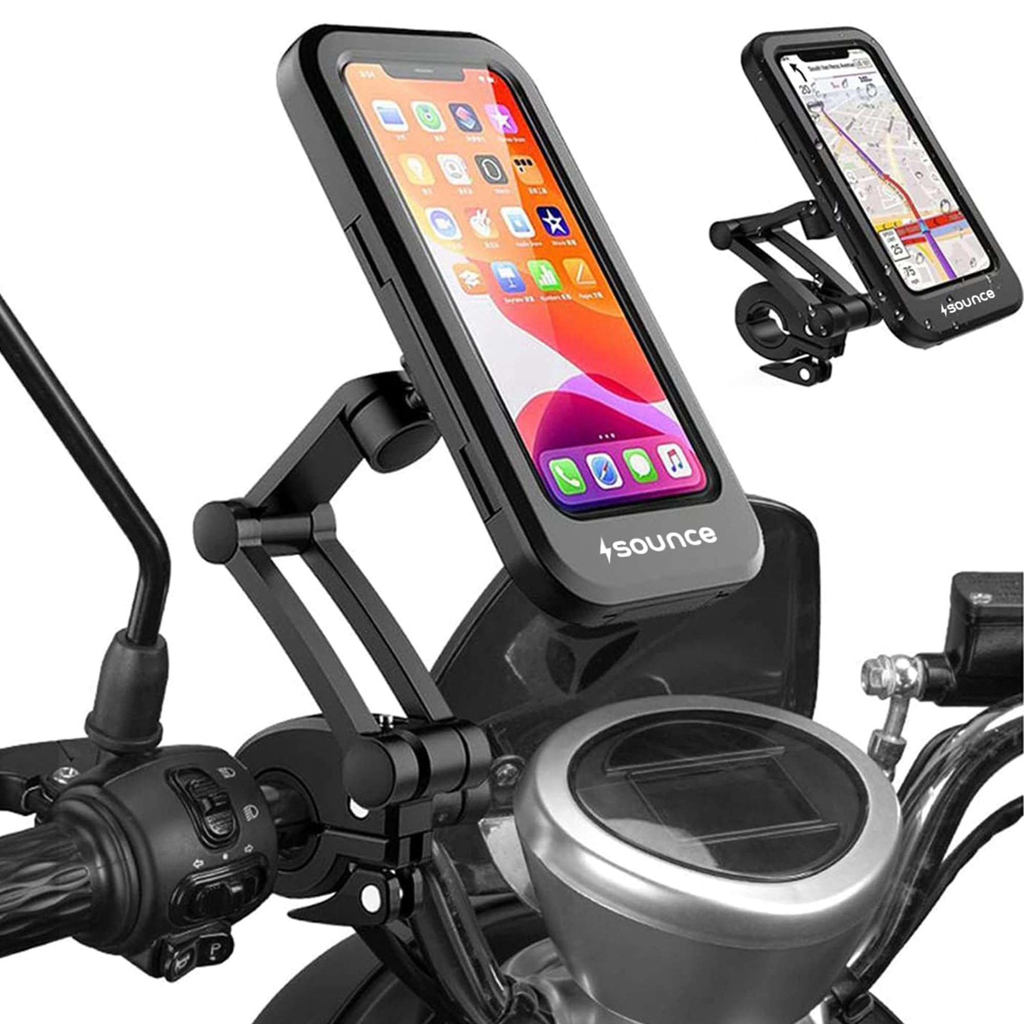 Sounce Waterproof Bike Mobile Phone Holder for Handlebar – 360° Rotation, Sensitive Touch Screen, IPX6 Waterproof Case for Smartphones 4.7"–7.2", Compatible with iPhone, Samsung, and All Phones