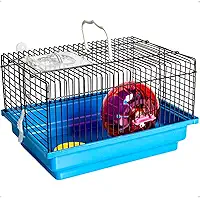 Gaiola Pequena para Hamster com Acessórios, Azul, 30x23x19cm, Inclui Roda de Exercício, Bebedouro e Comedouro